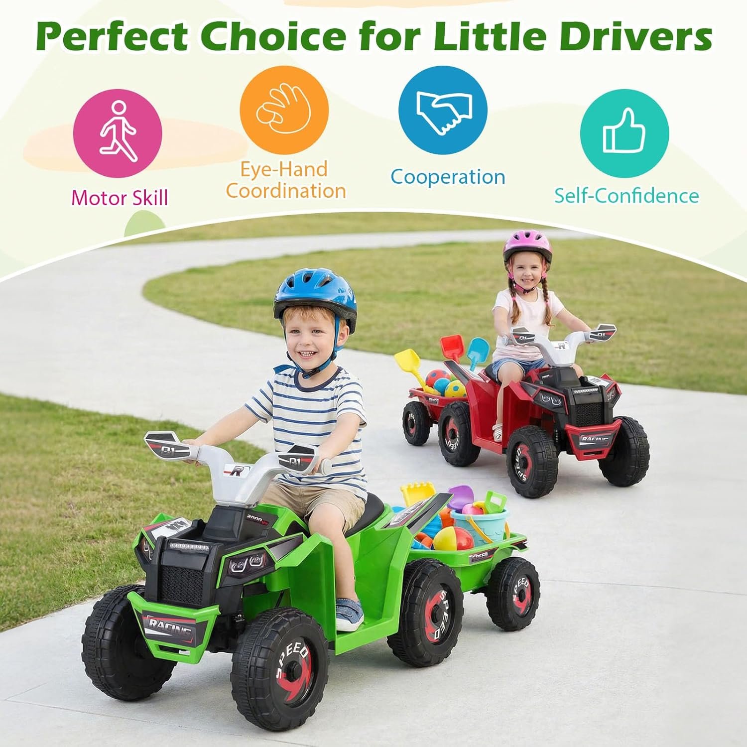 COSTWAY 6V Kids Electric Ride on ATV Car, Battery Powered Quad Bike with Removable Back Trailer, 4 Wear-Resistant Wheels, Forward/Backward/Reverse Button, for Boys Girls 3+ Years Old (Green) - Image 8