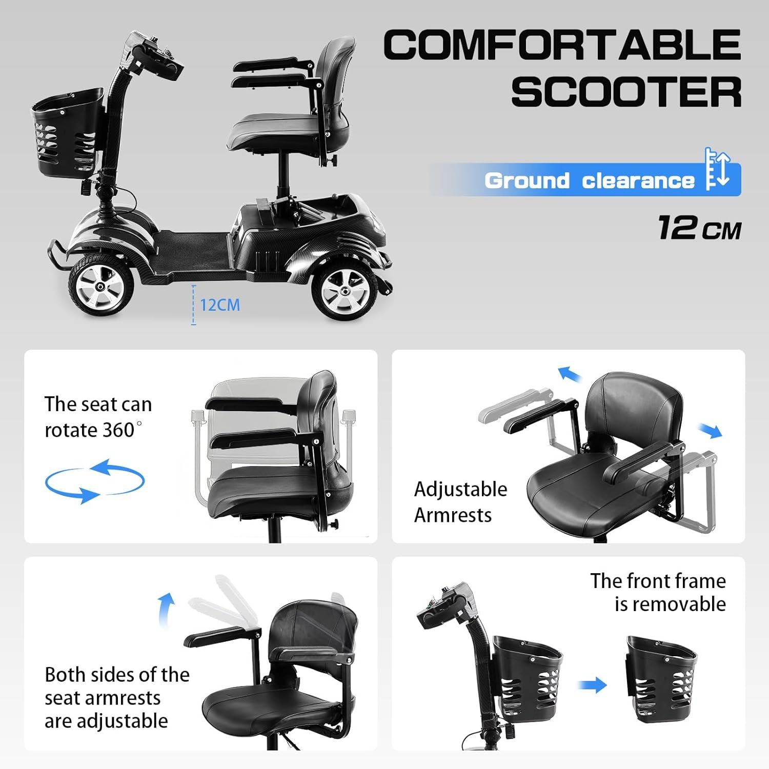 Z02 Mobility Scooters for Adults Electric Mobility Folding Scooter,Lightweight,Removable 12Ah Battery,20km Range,360° Swivel Seat, LED Headlight,Detachable Basket,Ideal for Seniors Shopping and Travel - Image 5