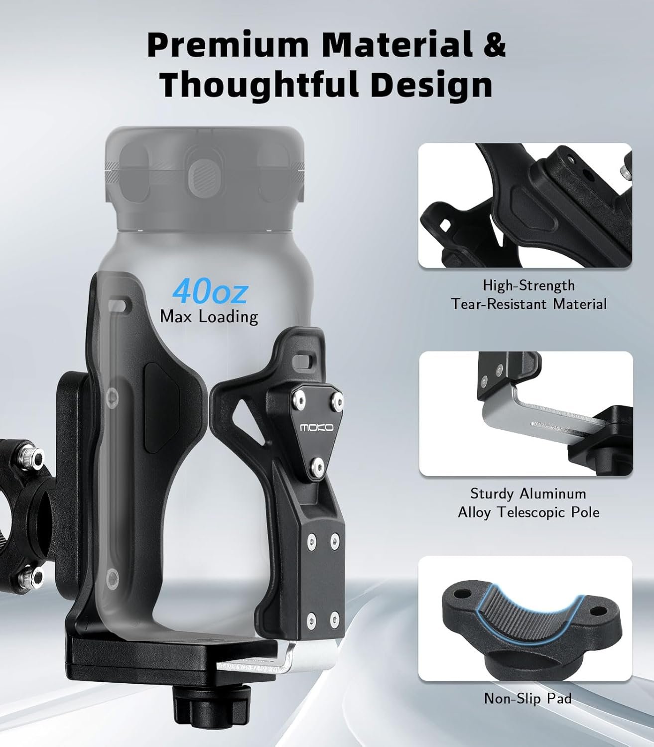 MoKo Bike Water Bottle Holder, Adjustable Bike Bottle Cage for 1.9-3.6" Diameter Bottle, for Handlebar & Frame,Durable Motorcycle Cup Holder with Screw Tool,for Bicycle/Stroller/Scooter/Wheelchair/ATV - Image 3