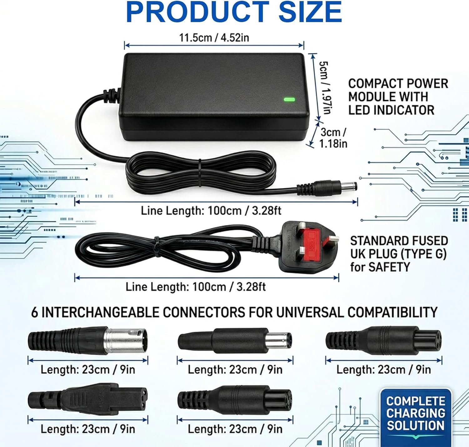 Electric Scooter Charger, 42V 2A Hoverboard Charger UK 3 Pin 36V Universal lithium Batterie Charger with 6 Connectors Electric Bike Chargers e Scooter Chargers for Balance Mobility Scooter Hoverboard - Image 7