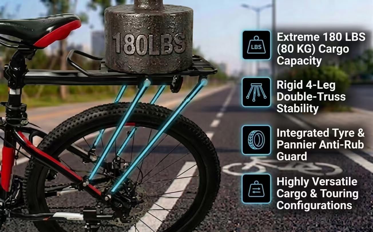 COMINGFIT 2026 Upgraded Bicycle Cargo Rack, 80KG Heavy Duty Bike Rear Rack, 4-Leg Double Strength, 2.0mm Thickened Universal for MTB Road City Kids Fat Tire Bike (3.5"), with Anti-Rub Guards - Image 3