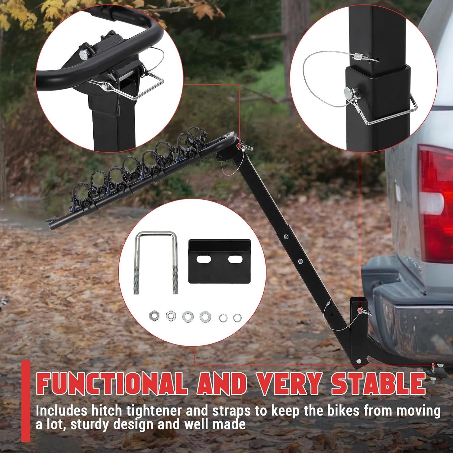 Car Bike Rack, Tow Bar Mounted Bike Carrier for 4 Bikes – Steel Bicycle Rack with Anti-Wobble Lock System, Hitch Tightener & Safety Straps, Easy Assembly for Cars, SUVs, MPVs & Vans – Black - Image 2