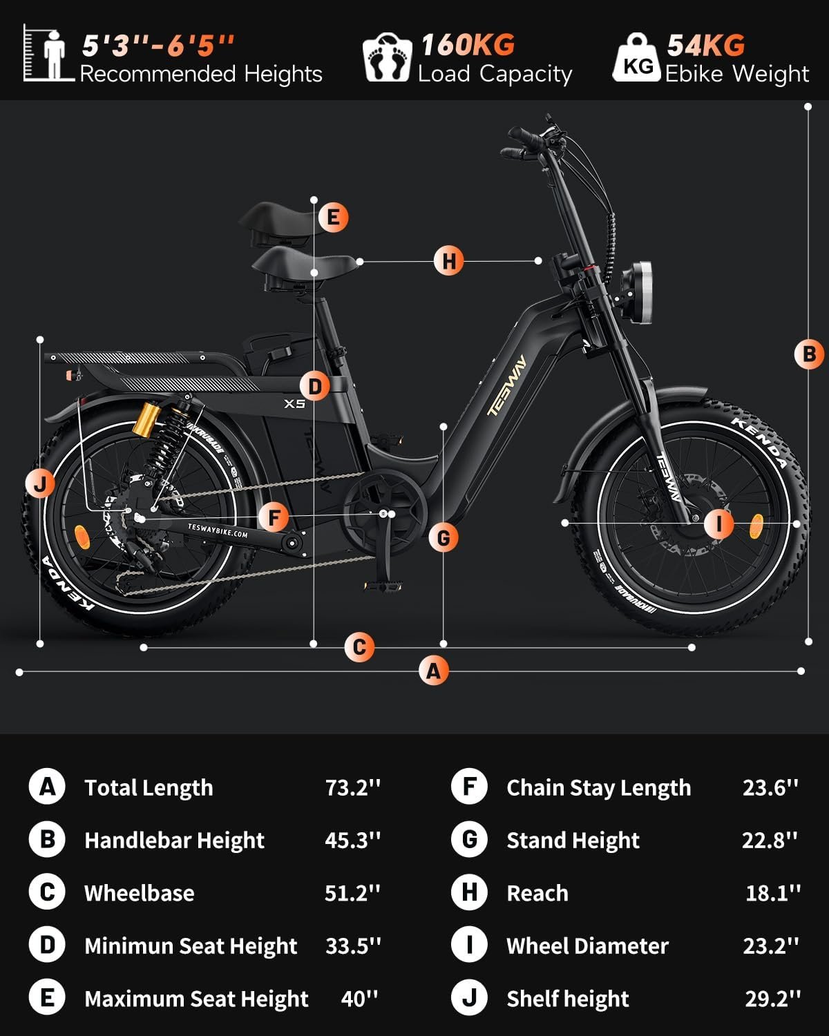 TESWAY X5AWD Electric Bike for Adults,52V 60AH Long Range Ebike,Dual Motor 20" Full Suspension Fat Tire E-bike, Dual Hydraulic Brake, 7-Speed Colorful LCD Display Electric Bike - Image 8