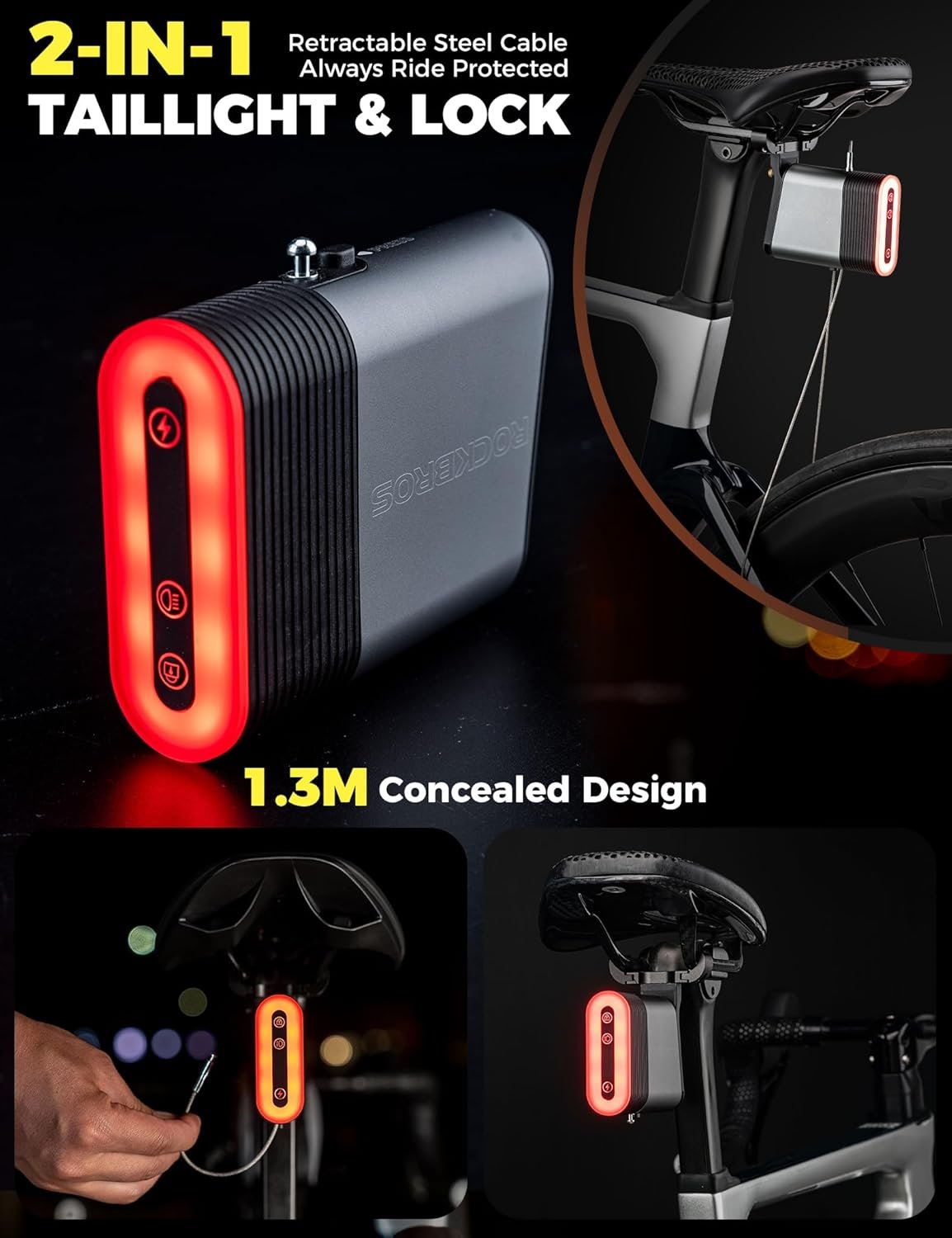ROCKBROS Bike Tail Light Rear Bike Light Lock Waterproof and Rechargeable, Lock 2-in-1 Bluetooth Bike Taillight & Lock, for MTB, Gravel, Ebike and Road - Image 2