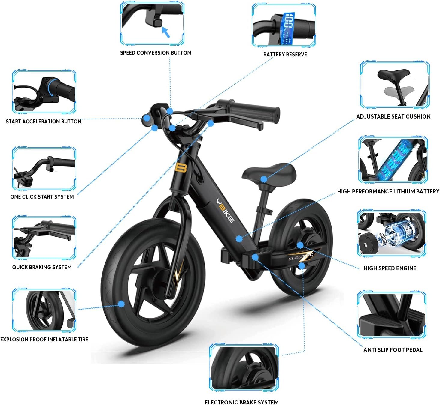 YBIKE Electric Balance Bike,12 Inch Kids Electric Bike for Ages 3-5 Years Old, Kids Balance Bikes with Adjustable Seat, Dirt Bike for Boys & Girls - Image 4