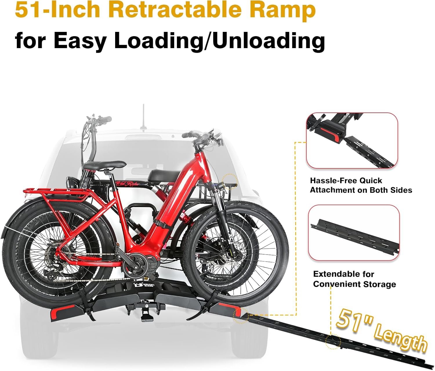 Eco Pro Upgraded 200lbs EBike Rack with Ramp for 2 E-Bikes, Hitch EBike Rack for Cars SUVs Trucks, Foldable Tilting Bike Rack Platform for Tow Hitch 2" Receiver, E-Bike Carrier Fits up to 5" Fat Tire - Image 4