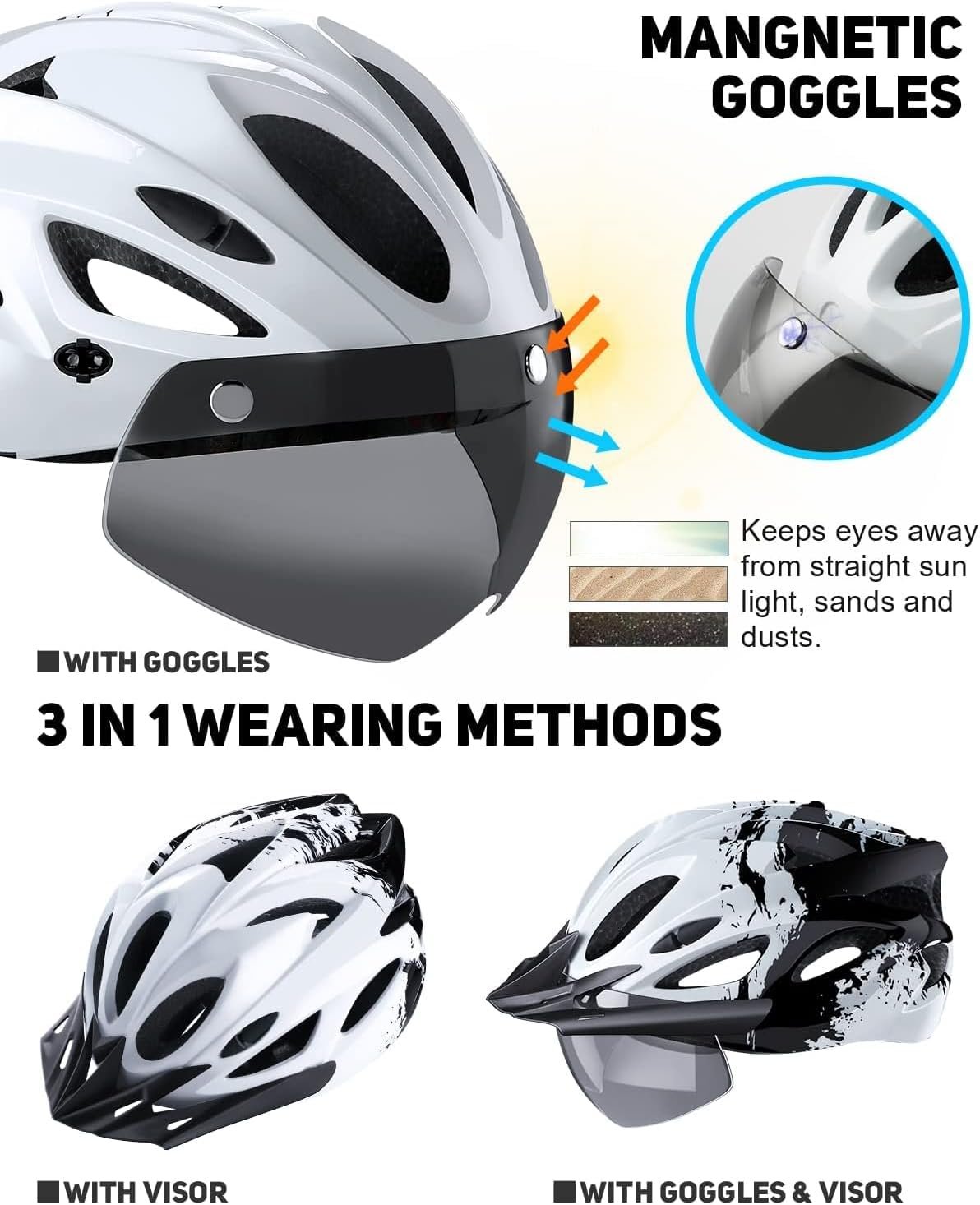 Bike Helmet for Men and Women, Lightweight Cycle Helmet with LED Light Magnetic Goggle Sun Visor, Mountain & Road Bicycle Helmets for Adult Cycling Adjustable Size 57-62cm - Image 2