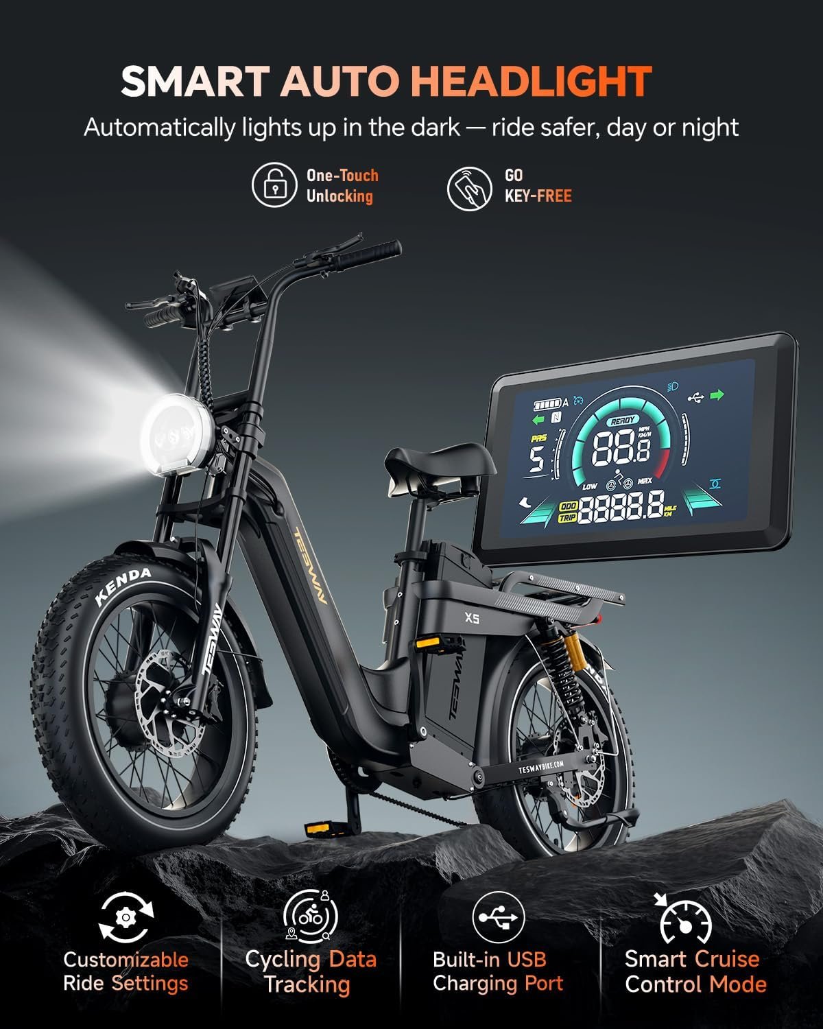 TESWAY X5AWD Electric Bike for Adults,52V 60AH Long Range Ebike,Dual Motor 20" Full Suspension Fat Tire E-bike, Dual Hydraulic Brake, 7-Speed Colorful LCD Display Electric Bike - Image 7