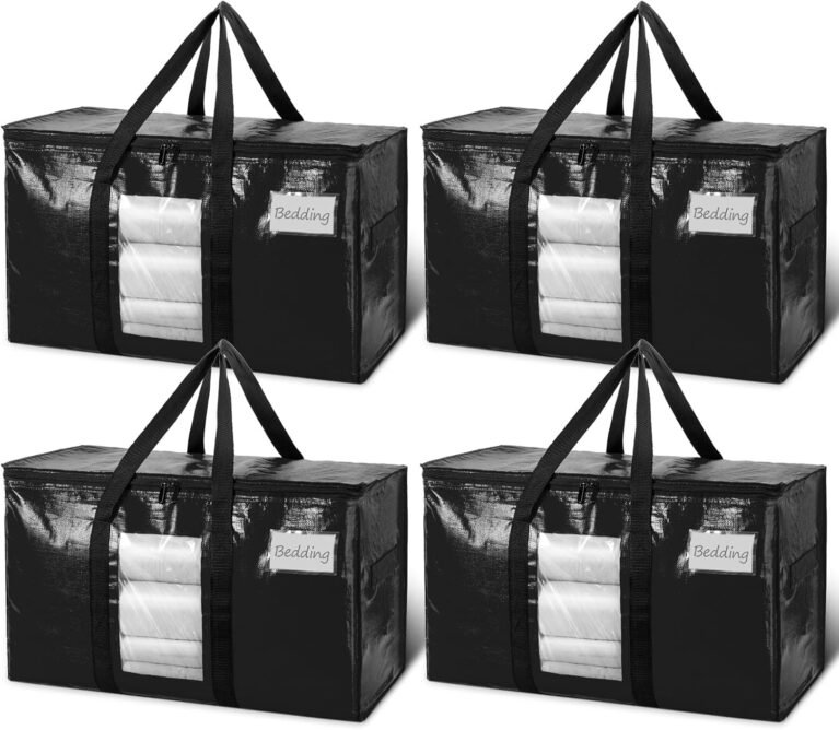 TAILI Moving Bags Extra Large Heavy Duty 4 Pack Storage Bags with Zips, Clear Window & Reinforced Handles, Black Storage Bags with Lid for Clothes,Moving,Travel,Beddings,Duvets