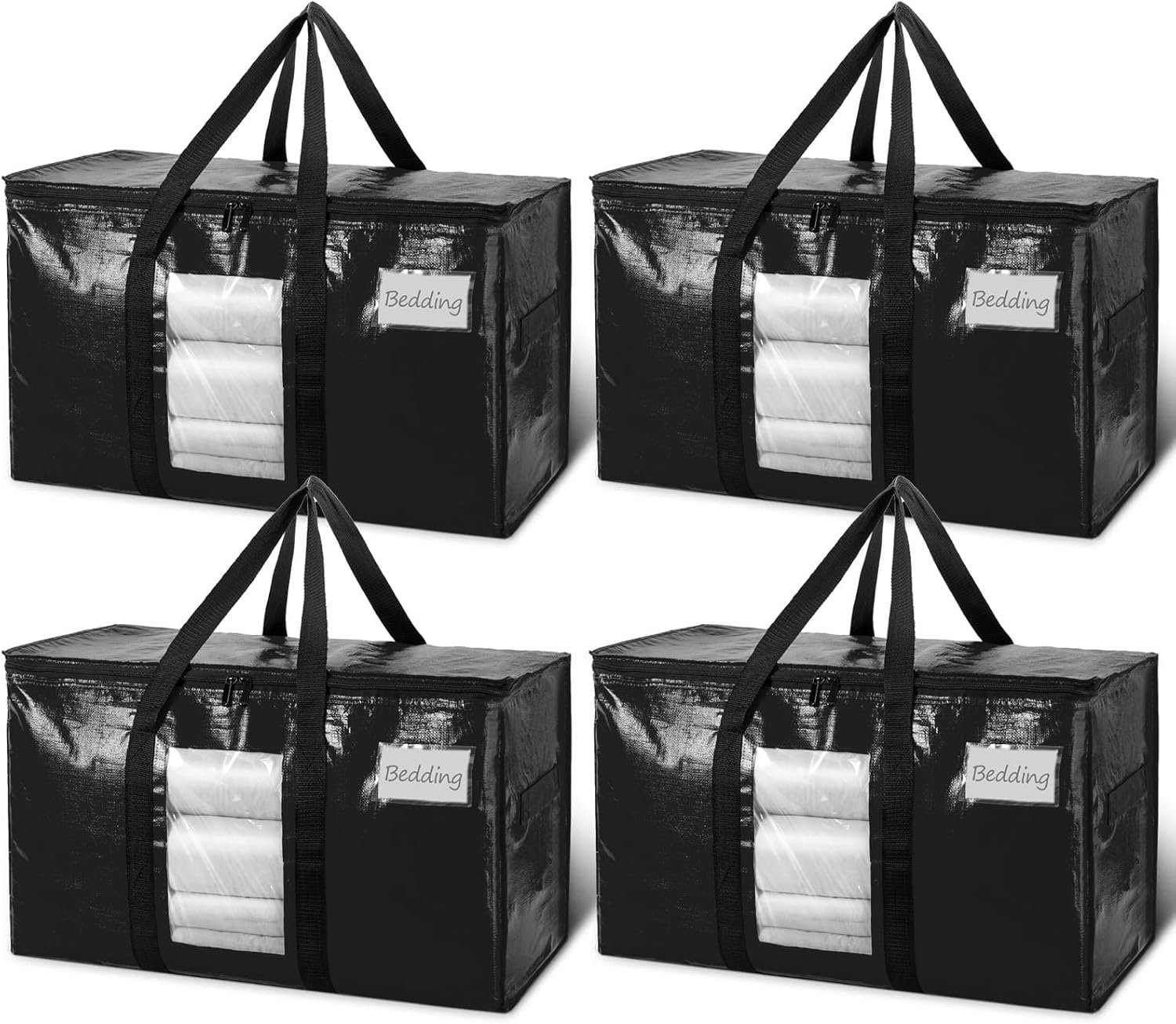TAILI Moving Bags Extra Large Heavy Duty 4 Pack Storage Bags with Zips, Clear Window & Reinforced Handles, Black Storage Bags with Lid for Clothes,Moving,Travel,Beddings,Duvets