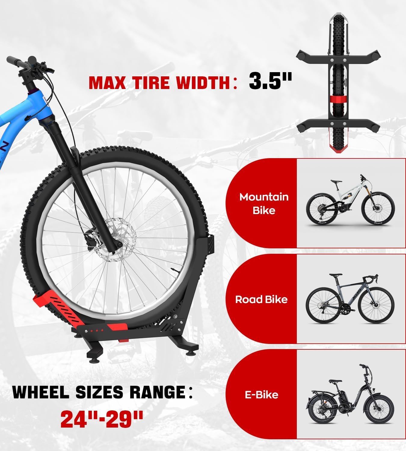 IMAYCC Professional Bike Stand Floor, Bike Stand for Indoor Cycling, Bike Rack for Garage/Home -Storage Bicycle Parking Rack Fit 26”-29”Mtb/Dirt/Road/Mountain(Red/Black) - Image 7