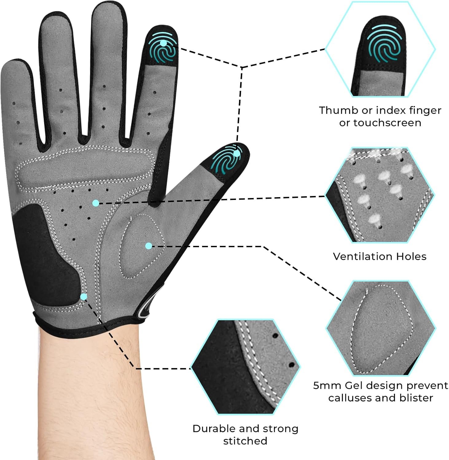 WFX Full Finger Cycling Gloves for Men & Women, Touchscreen Bike Gloves for MTB, Road, BMX & Motorcycle, Breathable Anti-Slip Padded Gloves for Riding, Fitness and Outdoor Sports - Image 3