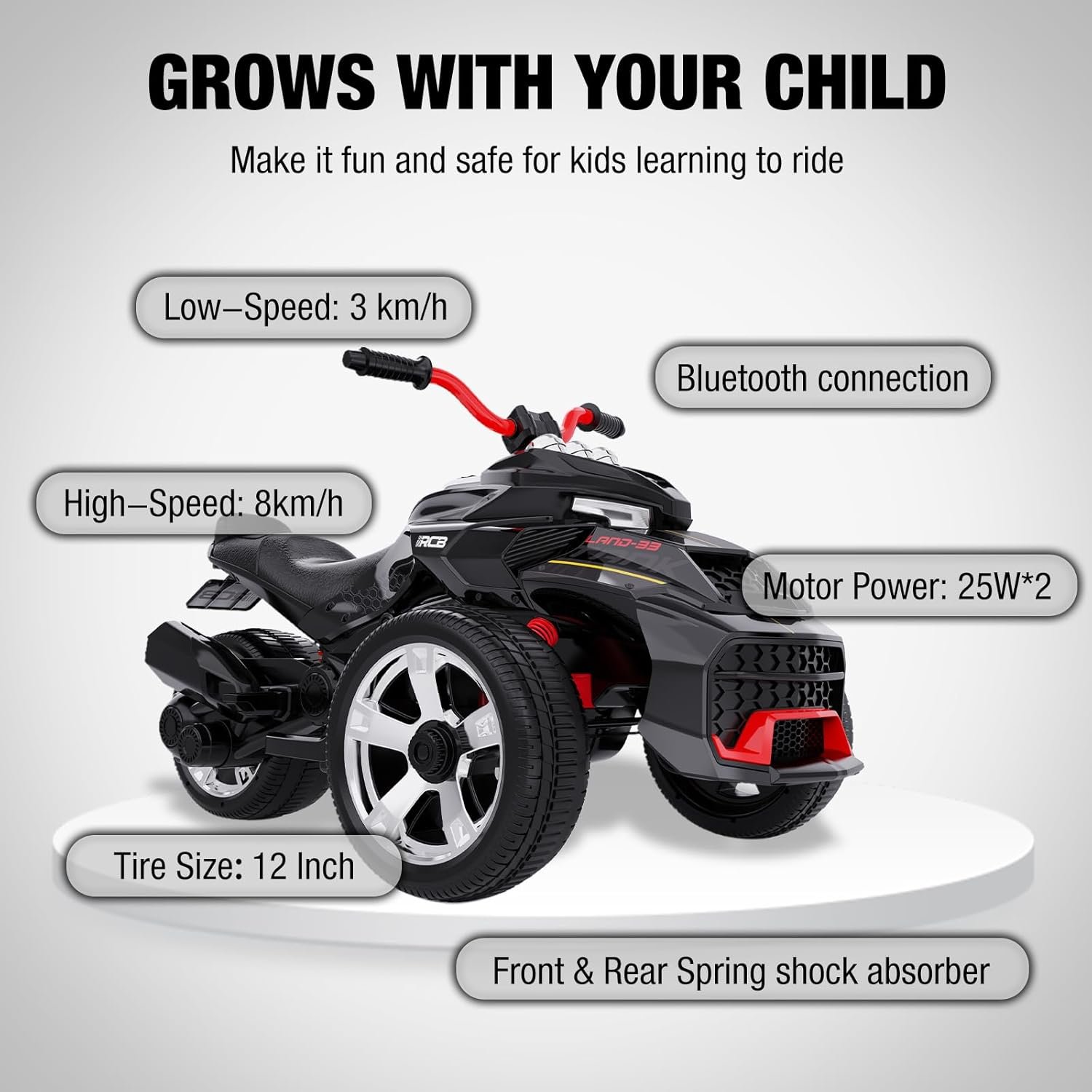 RCB 12V Kids Electric Motorbike, 2 Motors & 12" Inch electric dirt bike 3/8 km/h Speed Modes, Multi-Music, USB Port, Best Ride On Motorcycle Car for 3-8 Kids - Image 6