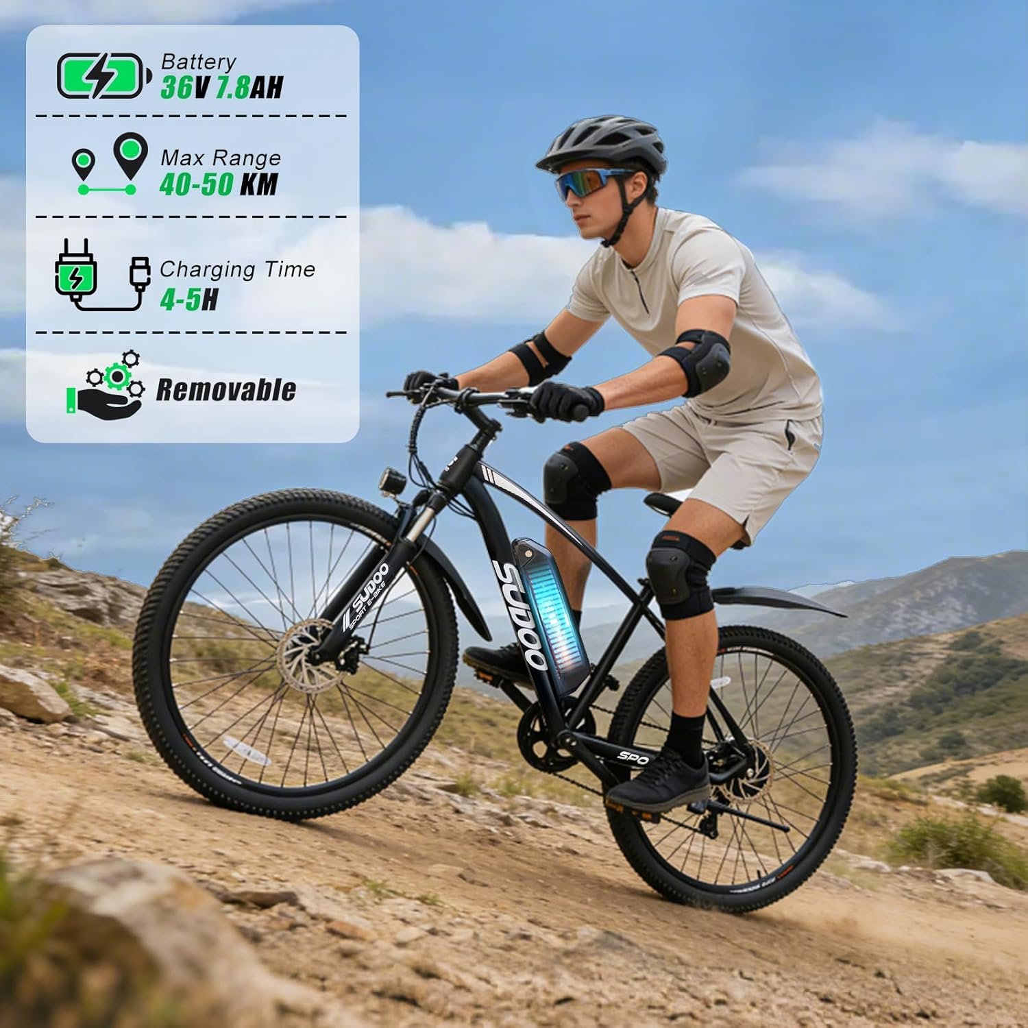 SUDOO Electric Bike for Adults, 27.5" 250W Electric Bicycle, Electric Mountain Bike with 36V 7.8Ah Removable Battery, Ebike with 7 Speed LCD Display/Anti-Theft Lock/Phone Holder for Commute Off Road - Image 3
