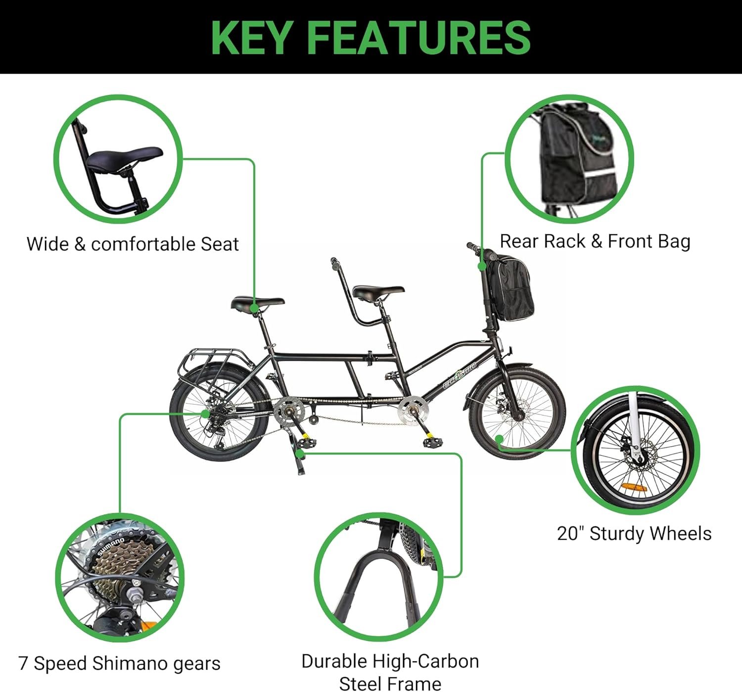 ECOSMO 20" New Folding City Tandem Bicycle Bike,7 Speeds, Dual Disc Brakes, Free Front Bag & Rear rack- 20TF01BL - Image 3