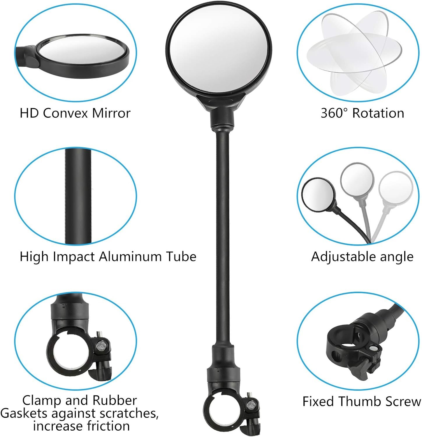 Yizhet Bike Mirrors, 1 Pair 360° Rotatable Bicycle Handlebar Mirrors, Wide Angle Rear View Mirrors, Convex Cycle Wing Mirrors for Bicycle, Electric Mobility Scooter, Road Bike, Moped, Motorcycle | Convex Acrylic, Wide Angle, Long Hose for 22mm-32mm Handlebars of Bicycles, Moped, Electric Mobility Scooter - Image 3