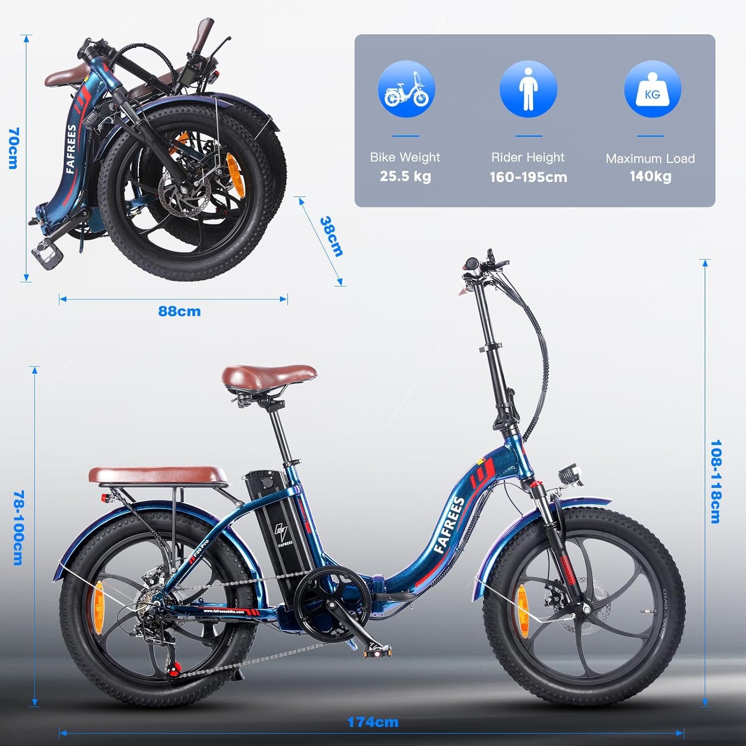 Fafrees F20 PRO Electric Bike, 20 * 3.0 INCHES Fat Tyers Folding City E-Bike, 120-150KM Range 36V 18Ah Removable Battery, 250W 25KM/H Max 7 Speed - Image 2