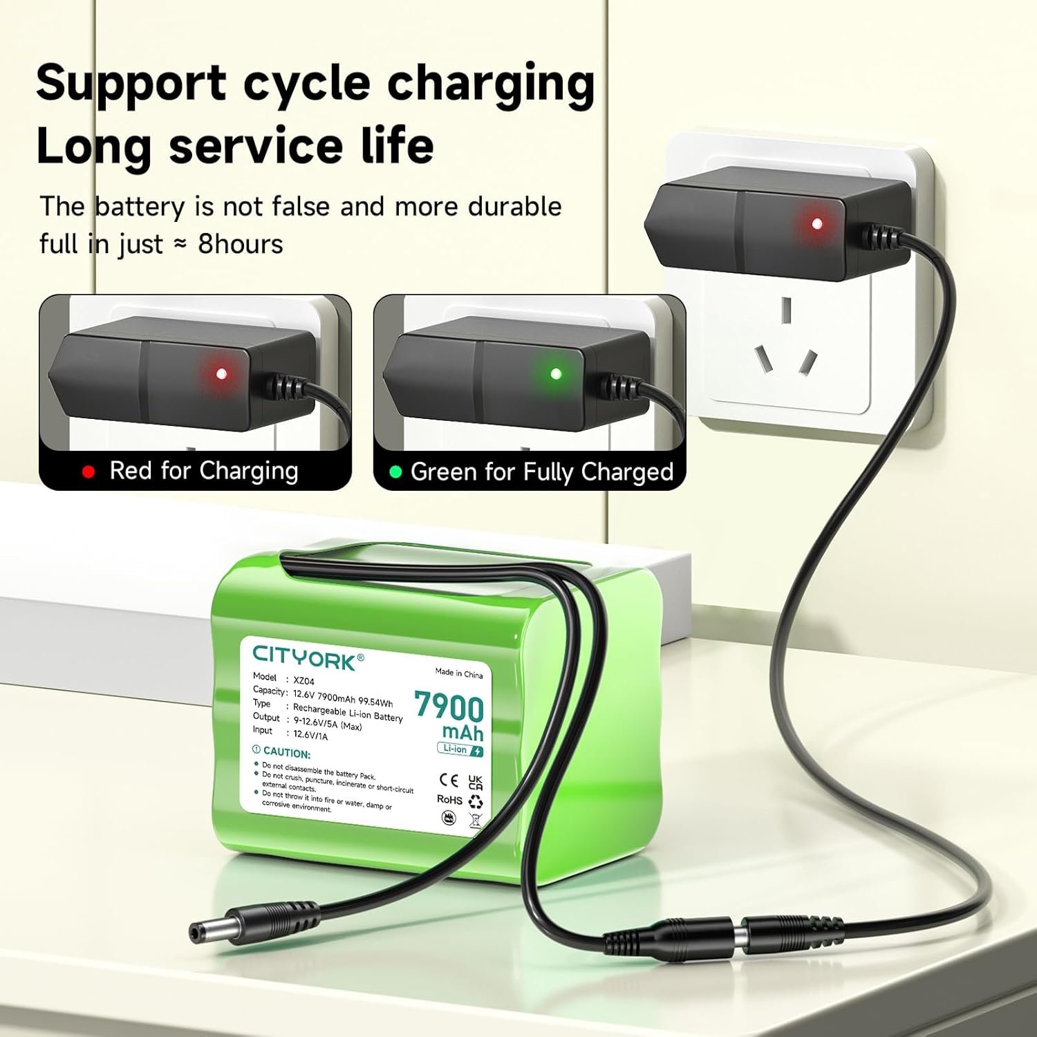 CITYORK 7900mAh 12.6V Rechargeable Lithium Battery Pack for solar charging panel, CCTV cameras, camcorders, MP3 players, LED strip lights - Image 4