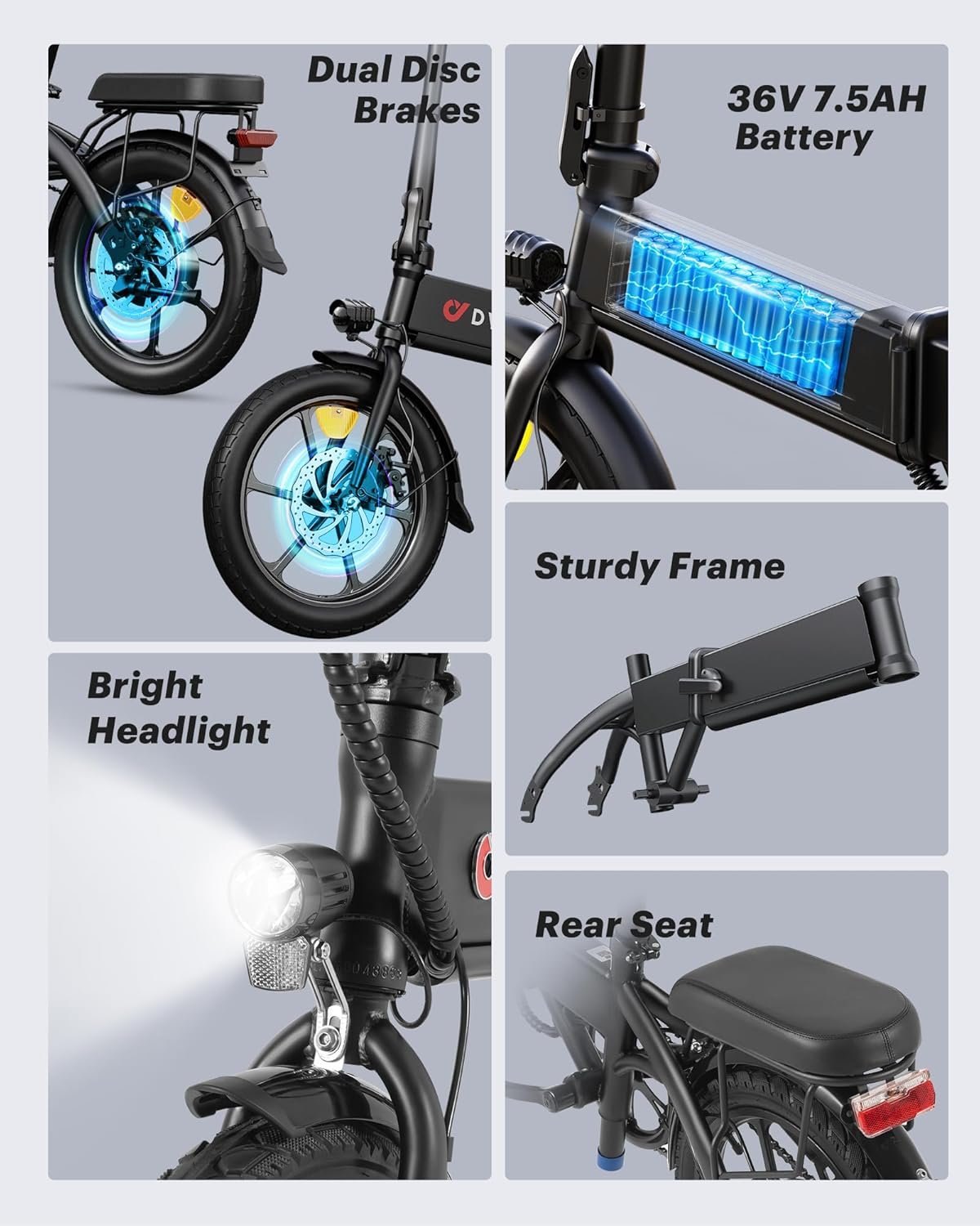DYU 16" Folding Electric Bike, 250W Motor, 36V 7.5Ah Battery, 60KM Range, Height Adjustable, Commuter City Electric Bicycle with LED Display, Disc Brakes & Front Basket, E-Bike for Adults and Teens - Image 6