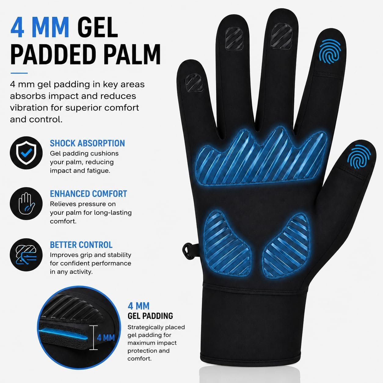 Full Finger Winter Cycling Gloves for Men & Women – Thermal Warm Windproof Water Resistant Running Gloves Touchscreen Compatible Anti-Slip Padded Palm Running, Cycling & Outdoor Gloves - Image 3