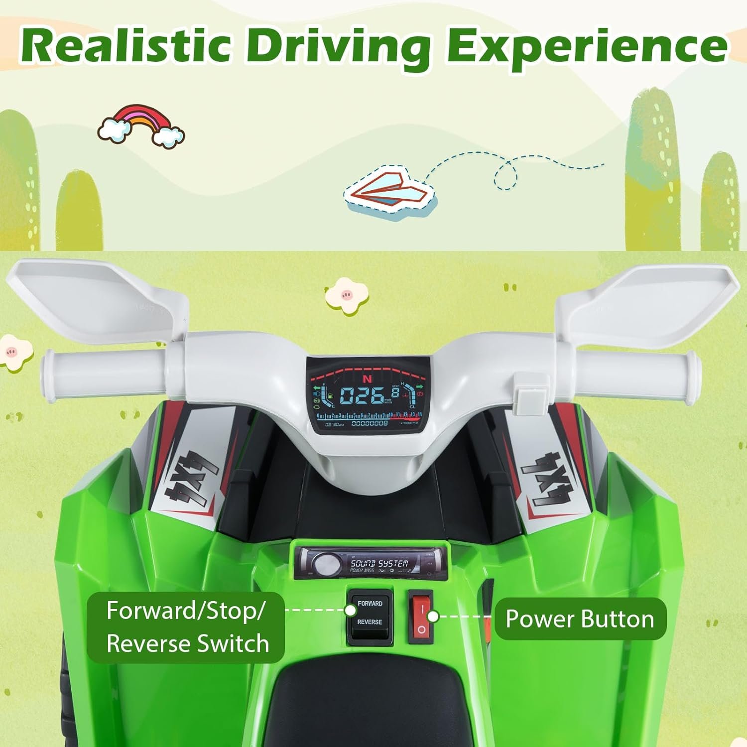 COSTWAY 6V Kids Electric Ride on ATV Car, Battery Powered Quad Bike with Removable Back Trailer, 4 Wear-Resistant Wheels, Forward/Backward/Reverse Button, for Boys Girls 3+ Years Old (Green) - Image 3