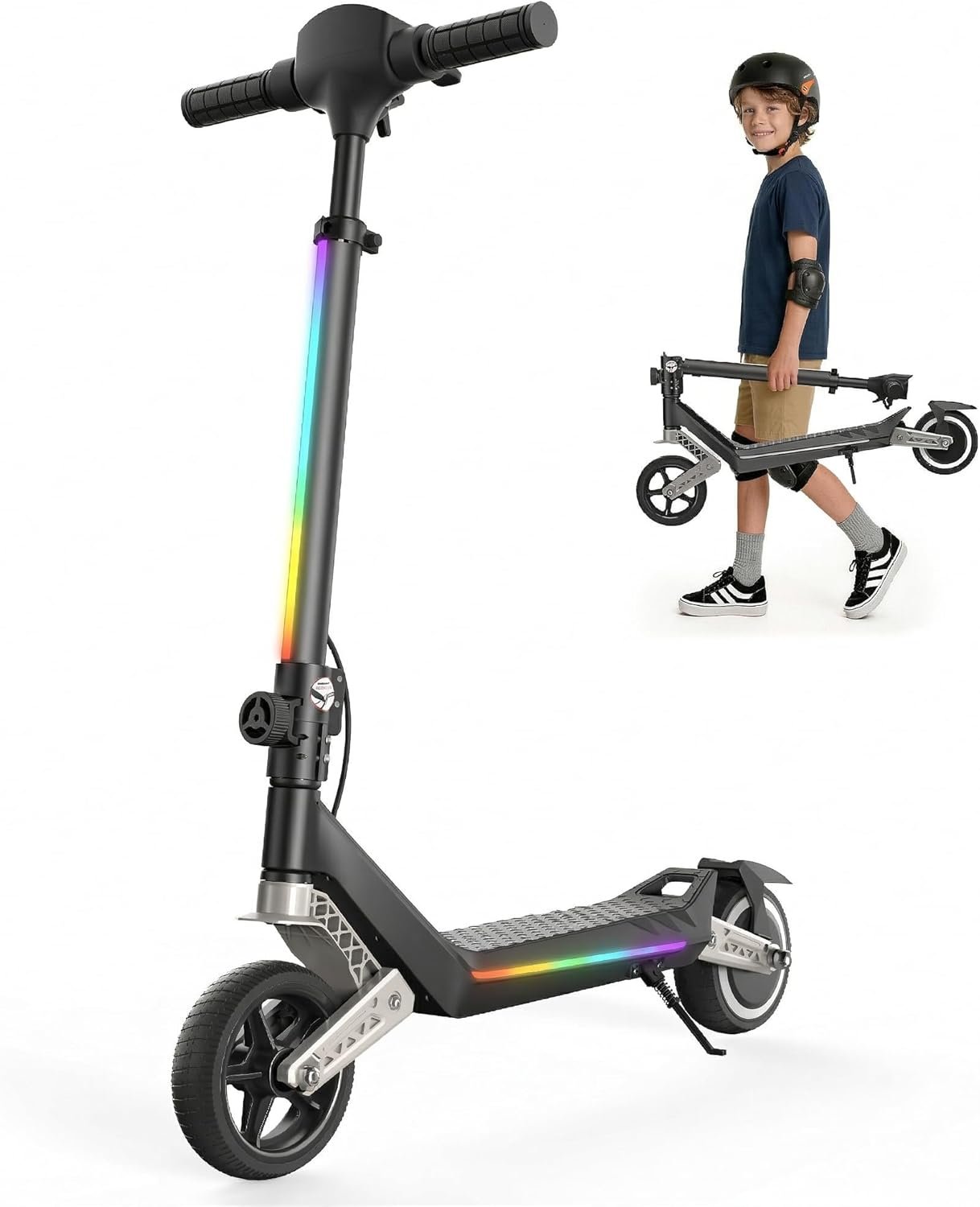 Electric Scooter for Kids, 6.5"Foldable E-Scooter for Ages 6-12 with Brakes & Dual Suspension, Up to 16 KM/H, Range 9 KM, Colorful LED Lights, Electric Scooter for Boys Girls