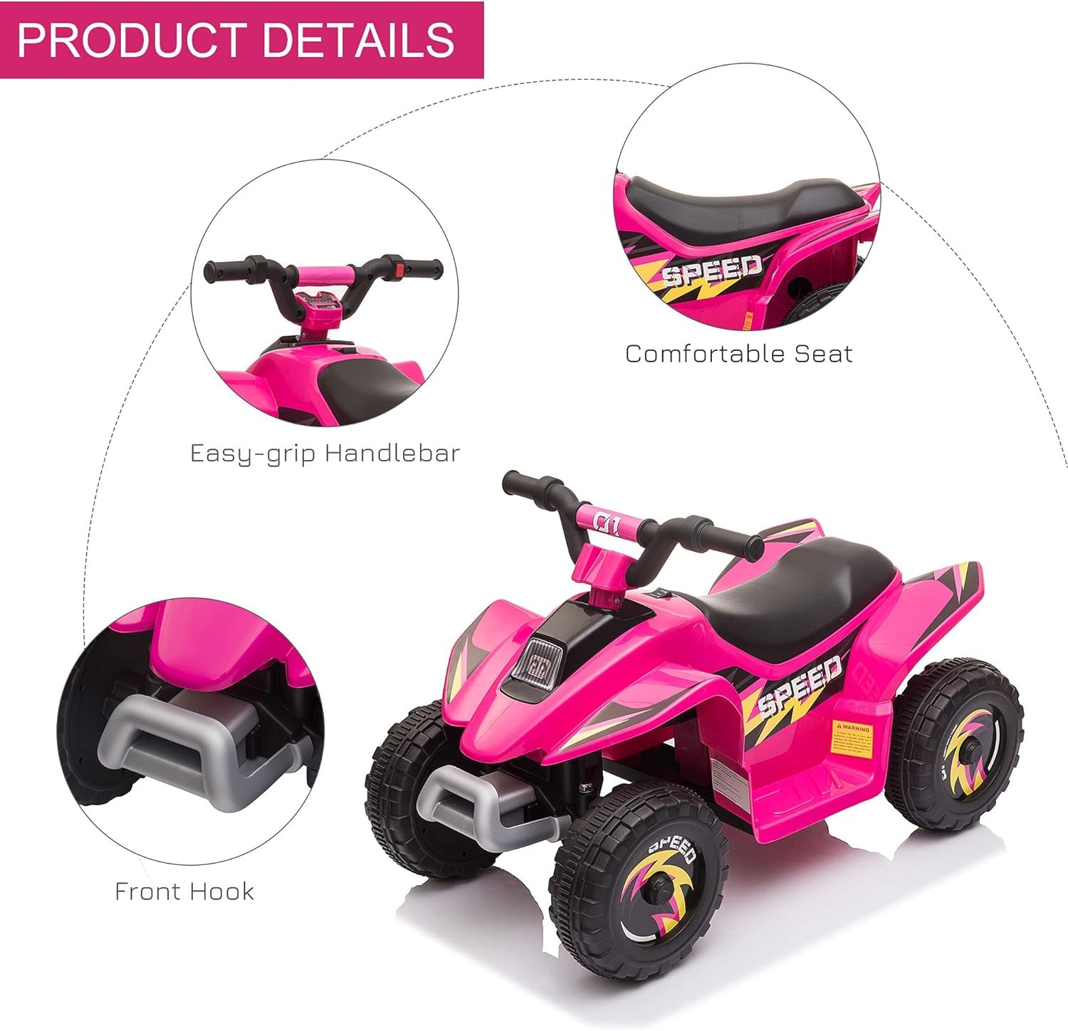HOMCOM 6V Kids Electric Ride on Car All Terrain Vehicle Toy Quad Bike w/Forward Reverse Functions Toddlers for 18-36 Months Old Pink - Image 5