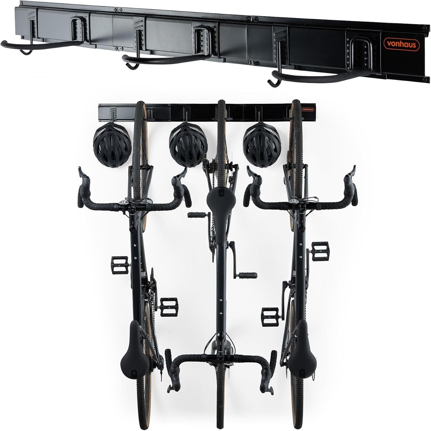 VonHaus Bike Wall Mounts - Space Saving Rack For Garage, Holds 3x Bike and 3x Helmet - Vertical Wall Mounted Rack for Mountain or Road Bicycle- Premium Quality Cycling Storage Mount