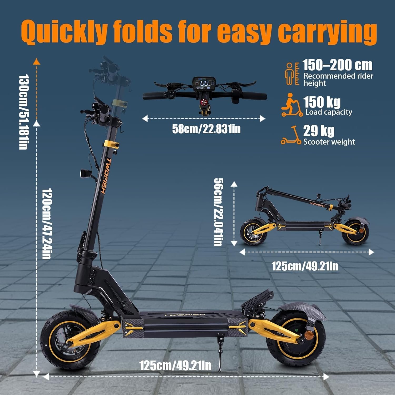 TWOFISH Electric Scooters Adult, 10"/12" Off-Road Fast Electric Scooter with Dual Brake System 4 Shock Absorbers, 60-70km Range, 3 Speed Modes, LCD Display, 150Kg Load Capacity - Image 8