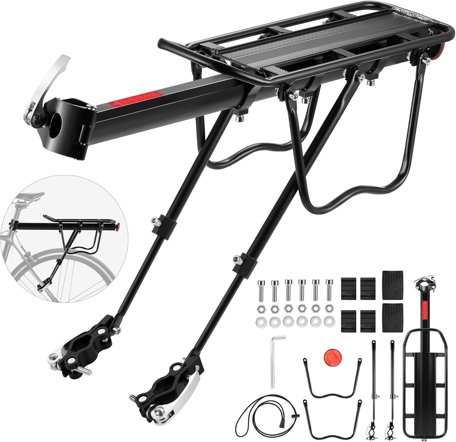 DazSpirit Rear Bike Rack, Adjustable Bicycle Rear Cargo Rack, MTB Rear Rack, Bike Rear Seat Luggage Rack, Quick Release, Load 60kg, Aluminum Alloy Material with Reflector for Cycling Camping Touring