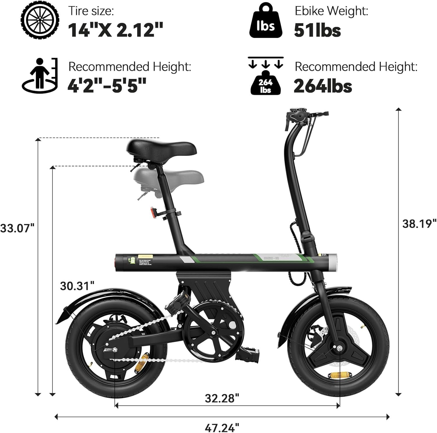 14 inch Electric Bike for Adults Teens, Portable Folding Commute Electric Bicycle, 45KM Max Range, 36V 7.8Ah Built-in Battery, Integrated Headlight, Rear Shock Absorber, Award Winning Design E-bike - Image 7