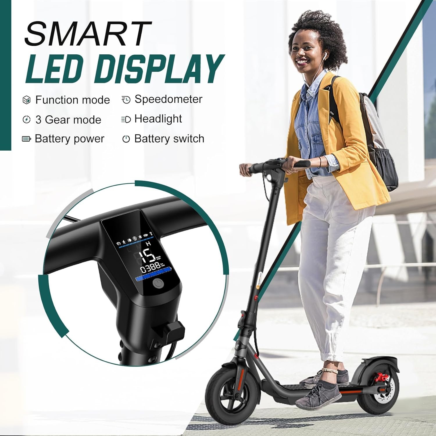 Electric Scooter Adult, 500W Peak Motor, 32km Long Range, 10” Solid and Pneumatic tire,3 Speed Mode, Foldable Electric Scooters,36V 7.8Ah Electric Scooter for Adults,Smart LCD Display - Image 2