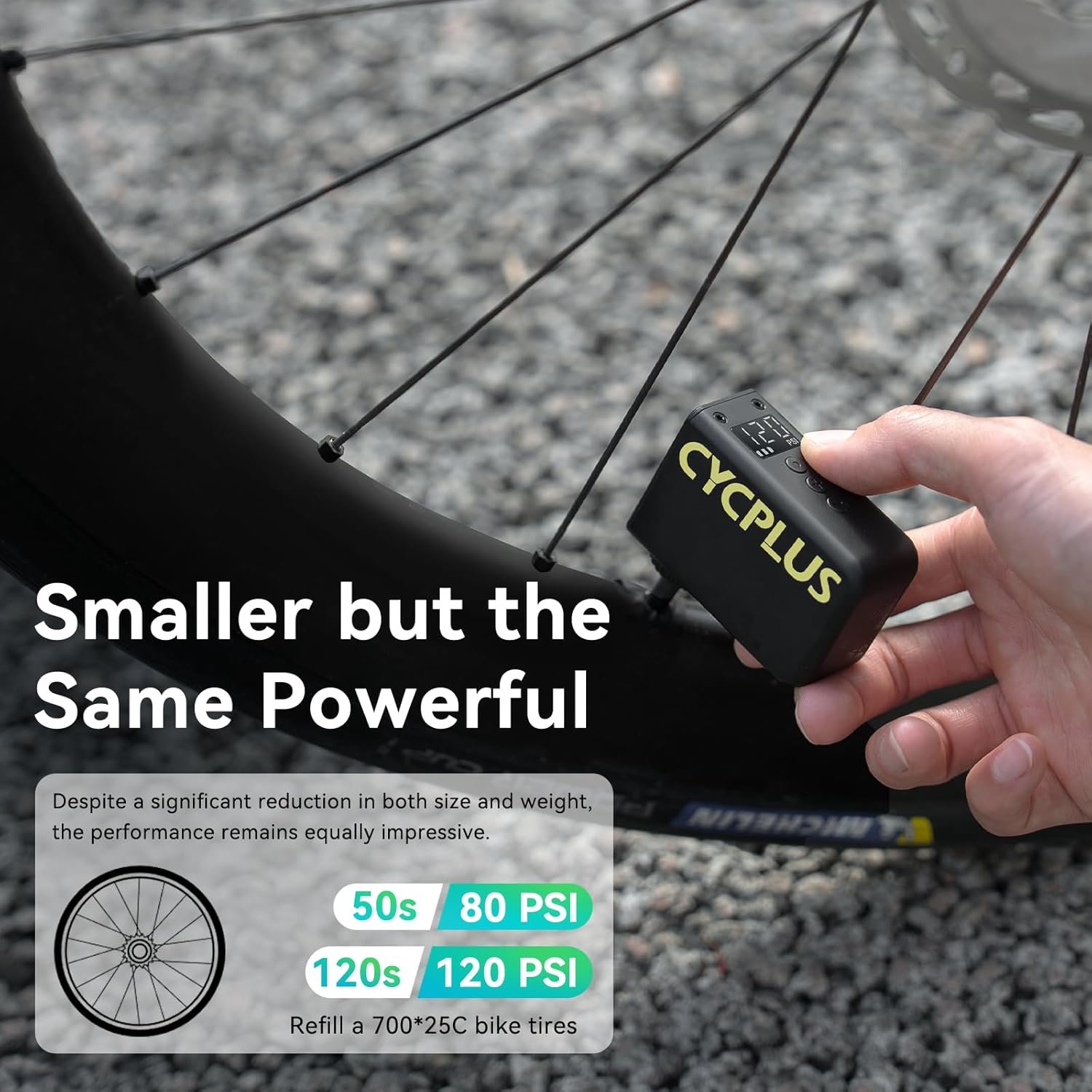 CYCPLUS AS2 Ultra Tiny Bicycle Pump with Pressure Gauge, Max 120 PSI Electric Mini Pump, Auto Stop with Presta and Schrader Valve for E-Bike, MTB and Road Bike (87g) - Image 4