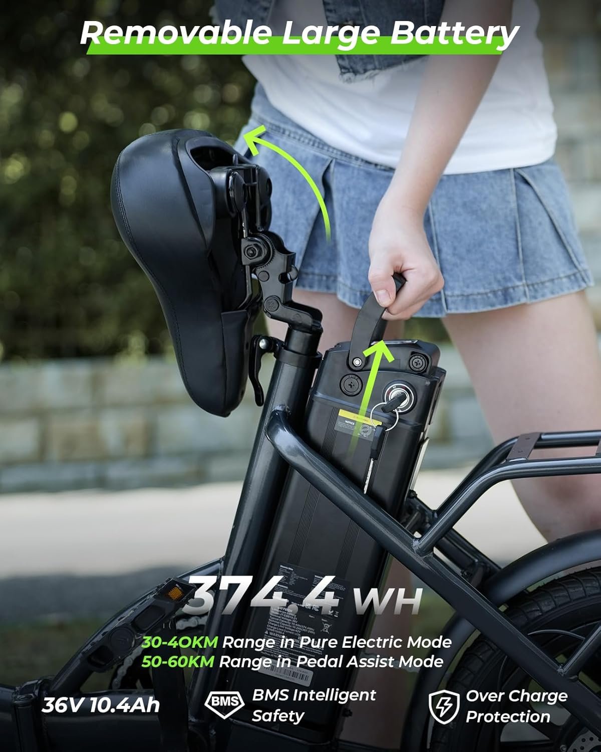 16 Inch Foldable Electric Bikes for Adults, 36V 10.4Ah Ebike with Removable Battery, Pedal Assist Max 88KM , Alloy Steel Frame, 3 Speed Levels, Front Shock Absorber, E-bike for Daily Commuting - Image 3
