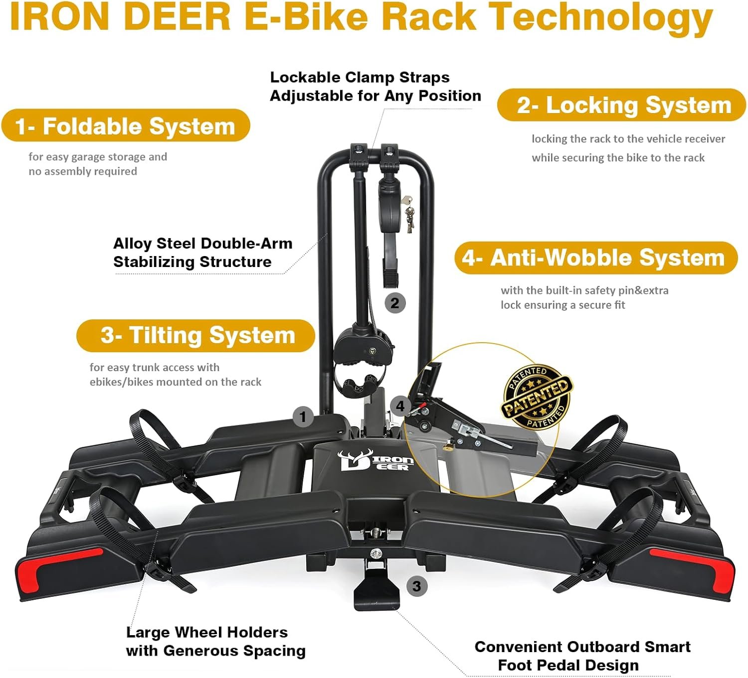Eco Pro Upgraded 200lbs EBike Rack with Ramp for 2 E-Bikes, Hitch EBike Rack for Cars SUVs Trucks, Foldable Tilting Bike Rack Platform for Tow Hitch 2" Receiver, E-Bike Carrier Fits up to 5" Fat Tire - Image 6