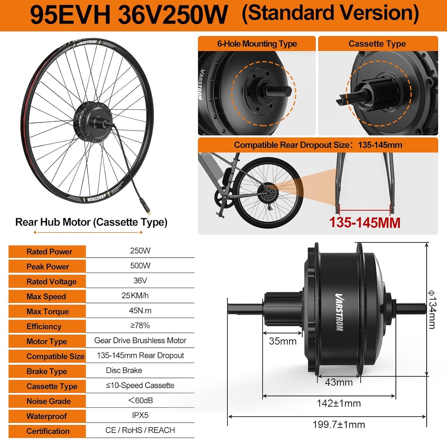 36V 250W Rear Ebike Conversion Kit 26" 27.5" 28" 700C Rear Wheel Hub Motor Kit Electric Bike Conversion Kit with VD04 Display & PAS Sensor & Controller for City & Mountain Bikes - Image 8