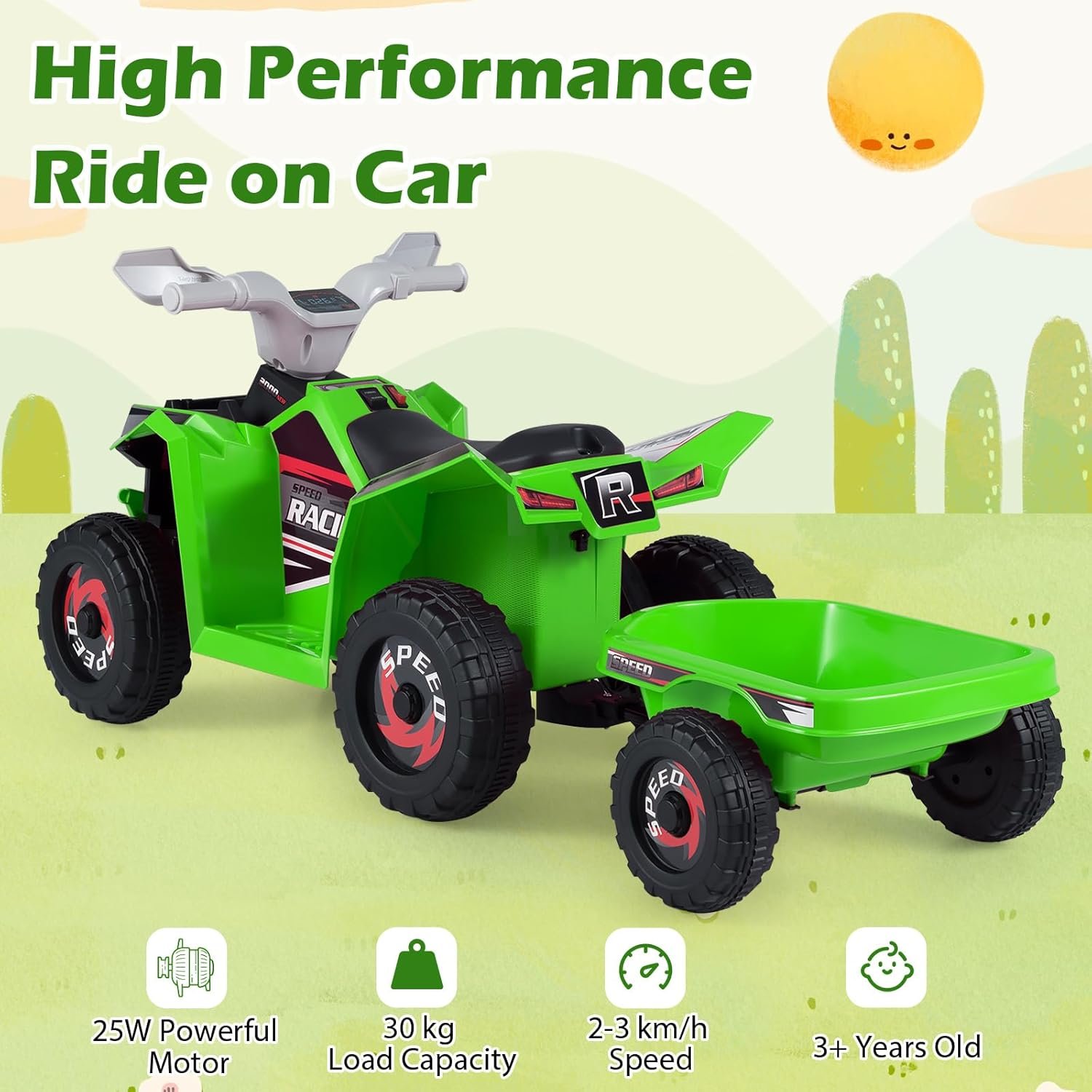 COSTWAY 6V Kids Electric Ride on ATV Car, Battery Powered Quad Bike with Removable Back Trailer, 4 Wear-Resistant Wheels, Forward/Backward/Reverse Button, for Boys Girls 3+ Years Old (Green) - Image 5