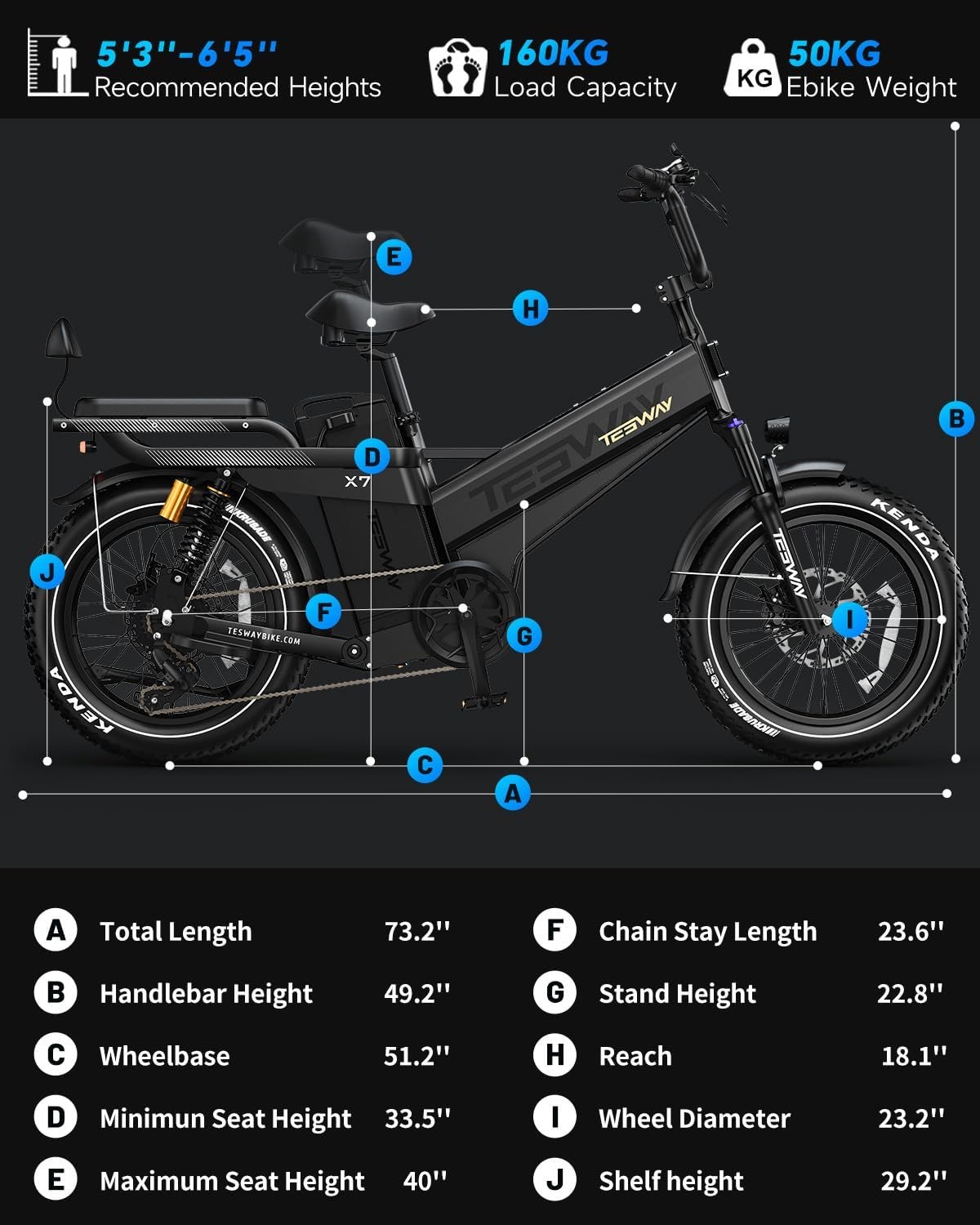 TESWAY X7PRO Electric Bike for Adults,52V 60AH 320KM Long Range Ebike,20" Full Suspension Fat Tire E-Bike, Dual Hydraulic Brake, 7-Speed Colorful LCD Display Electric Mountain Bike(Step Over) - Image 6
