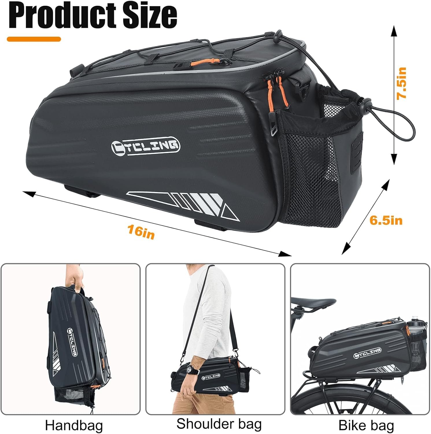 NDakter Bike Bags, 10L Bicycle Pannier Bag for Cycle Rear Rack Waterproof 3 in 1 Ebikes Trunk Bag, Reflective Electric Bike Saddle Panniers Bag with Shoulder Strap (10L EVA Hard Shell Waterproof) - Image 7