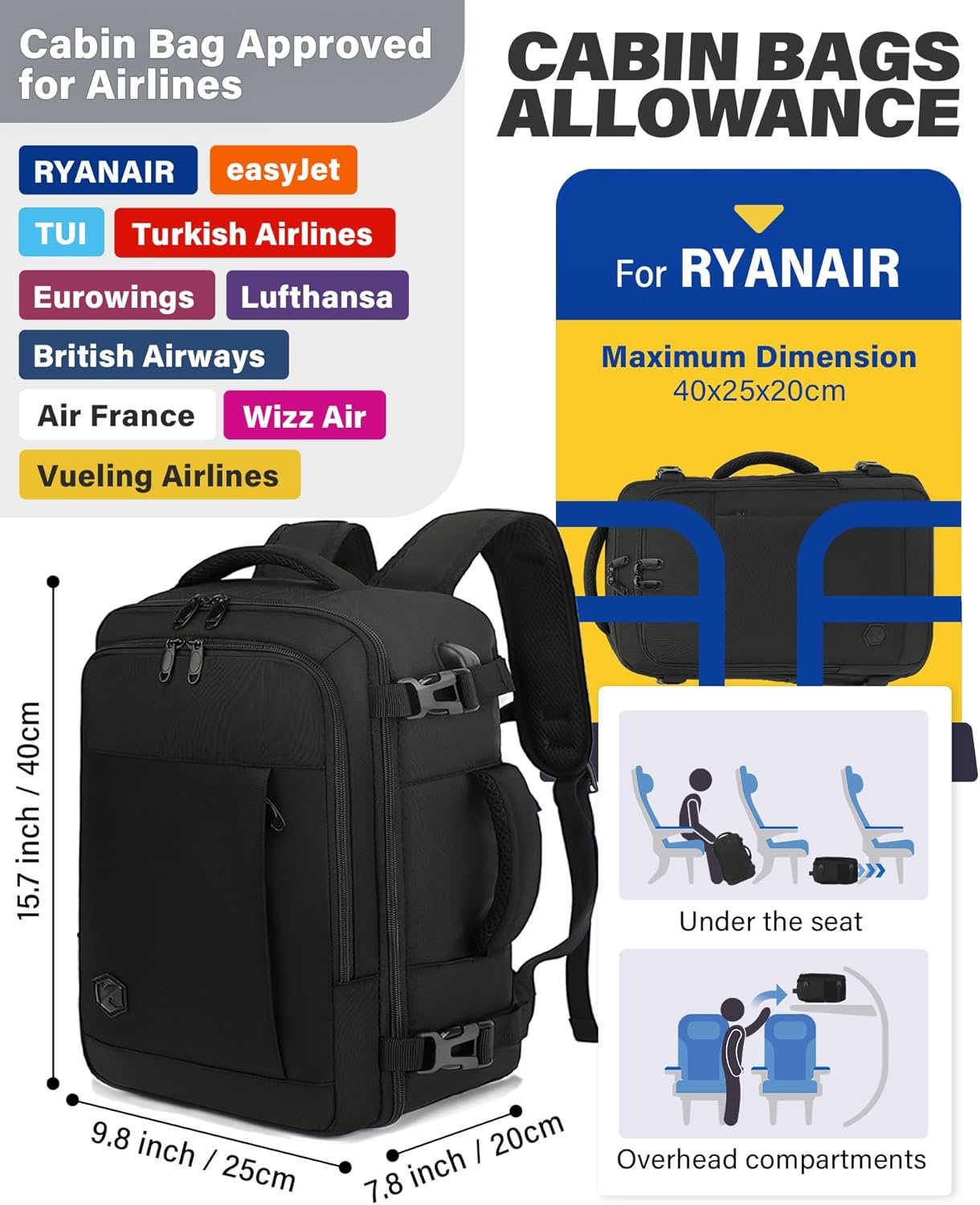 VANKEV Ryanair Cabin Bag 40x20x25 Underseat 20L Travel Bag Hand Luggage Backpack Carry-ons Bag Cabin Size Suitcases for Airplanes Flight Bag Travel Rucksack Fit 14 Inch Laptop Black - Image 3