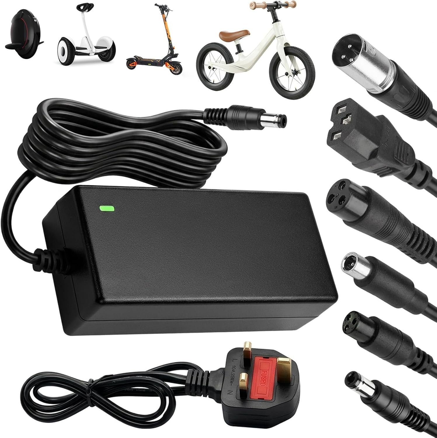 Electric Scooter Charger, 42V 2A Hoverboard Charger UK 3 Pin 36V Universal lithium Batterie Charger with 6 Connectors Electric Bike Chargers e Scooter Chargers for Balance Mobility Scooter Hoverboard