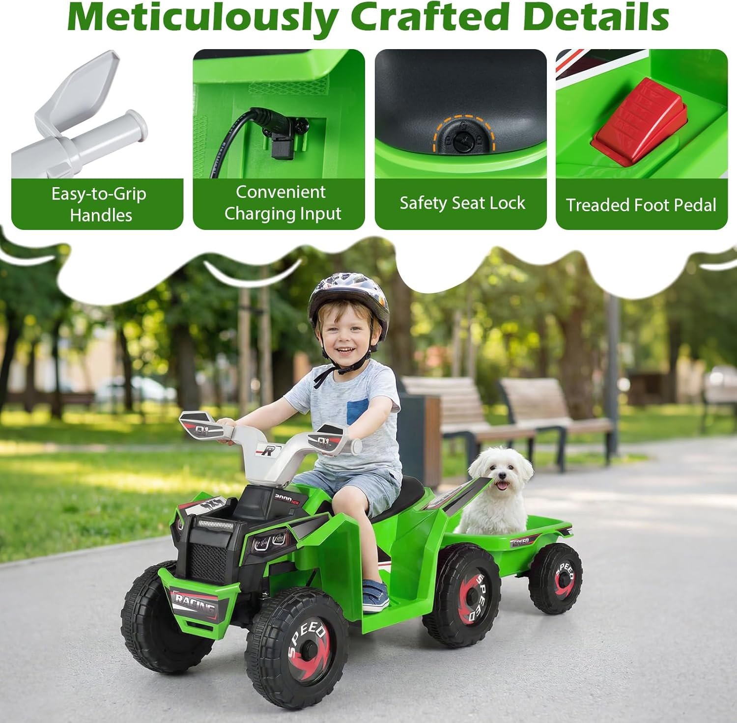 COSTWAY 6V Kids Electric Ride on ATV Car, Battery Powered Quad Bike with Removable Back Trailer, 4 Wear-Resistant Wheels, Forward/Backward/Reverse Button, for Boys Girls 3+ Years Old (Green) - Image 7