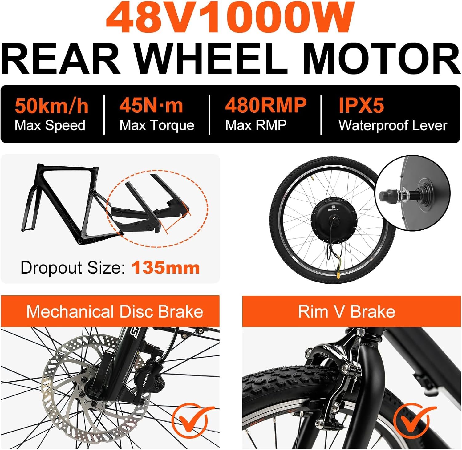 48V Rear Hub Ebike Conversion Kit, Fits 26/27.5/28/29 Inch & 700C Bikes, Complete 1OOOW E-Bike Kit with LCD Display, Twist Throttle & Controller - Image 2