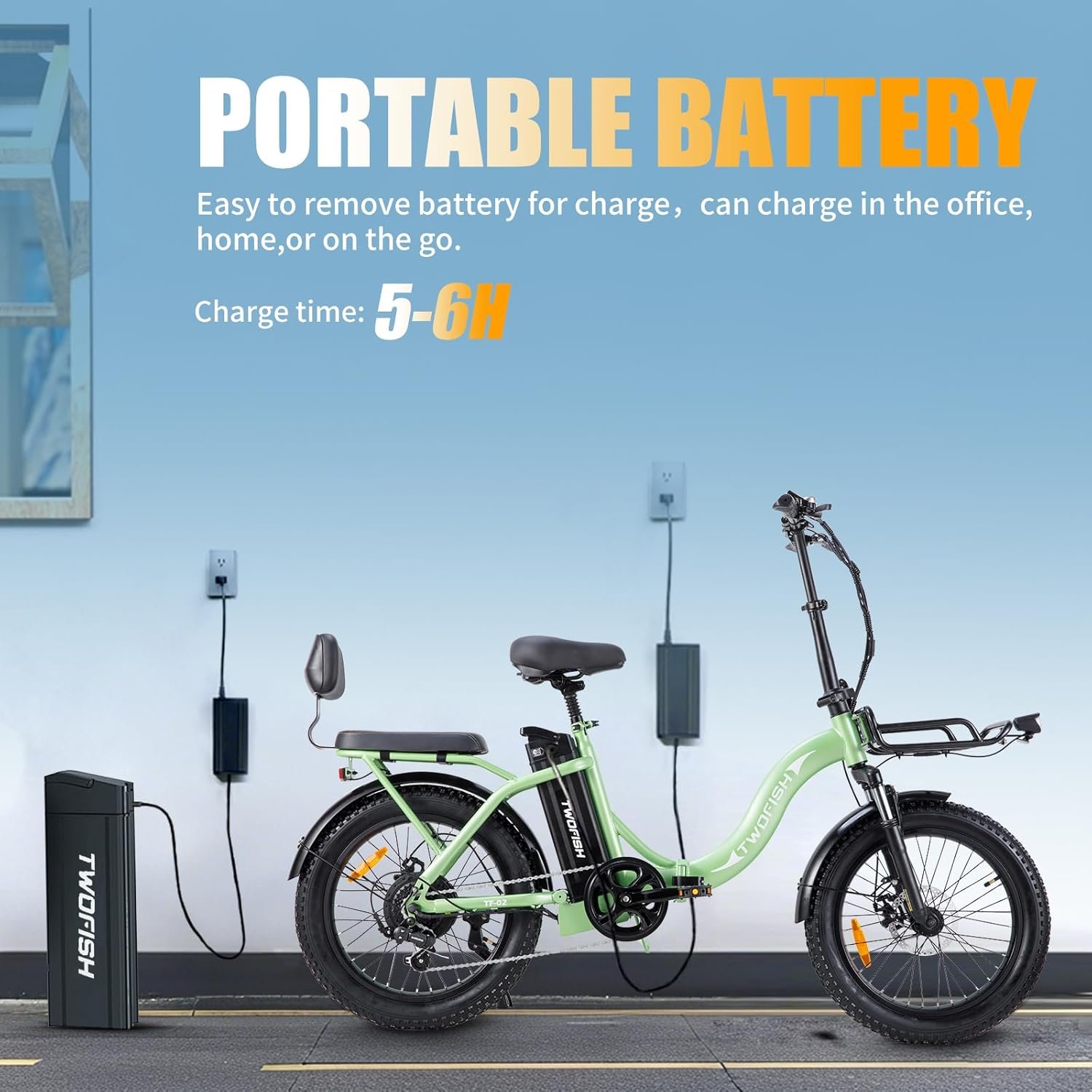 TWOFISH Electric Bike for Adults, 20"*3.0" Fat Tire Folding Electric Bicycle with 36V 17.8AH Removable Battery 7 Speed 25km/h 80-100km Range Disc Brake IP54 Waterproof, TF-2 - Image 5