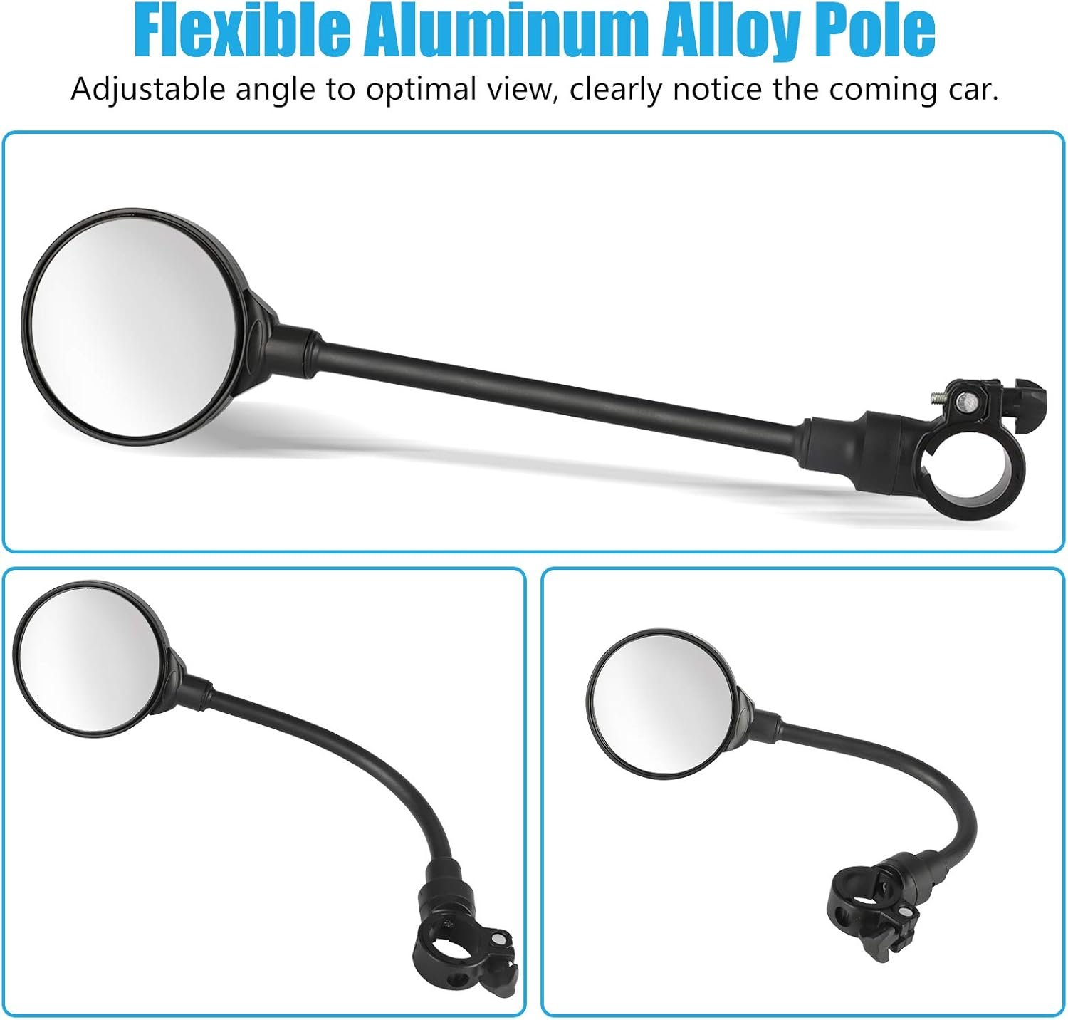 Yizhet Bike Mirrors, 1 Pair 360° Rotatable Bicycle Handlebar Mirrors, Wide Angle Rear View Mirrors, Convex Cycle Wing Mirrors for Bicycle, Electric Mobility Scooter, Road Bike, Moped, Motorcycle | Convex Acrylic, Wide Angle, Long Hose for 22mm-32mm Handlebars of Bicycles, Moped, Electric Mobility Scooter - Image 5