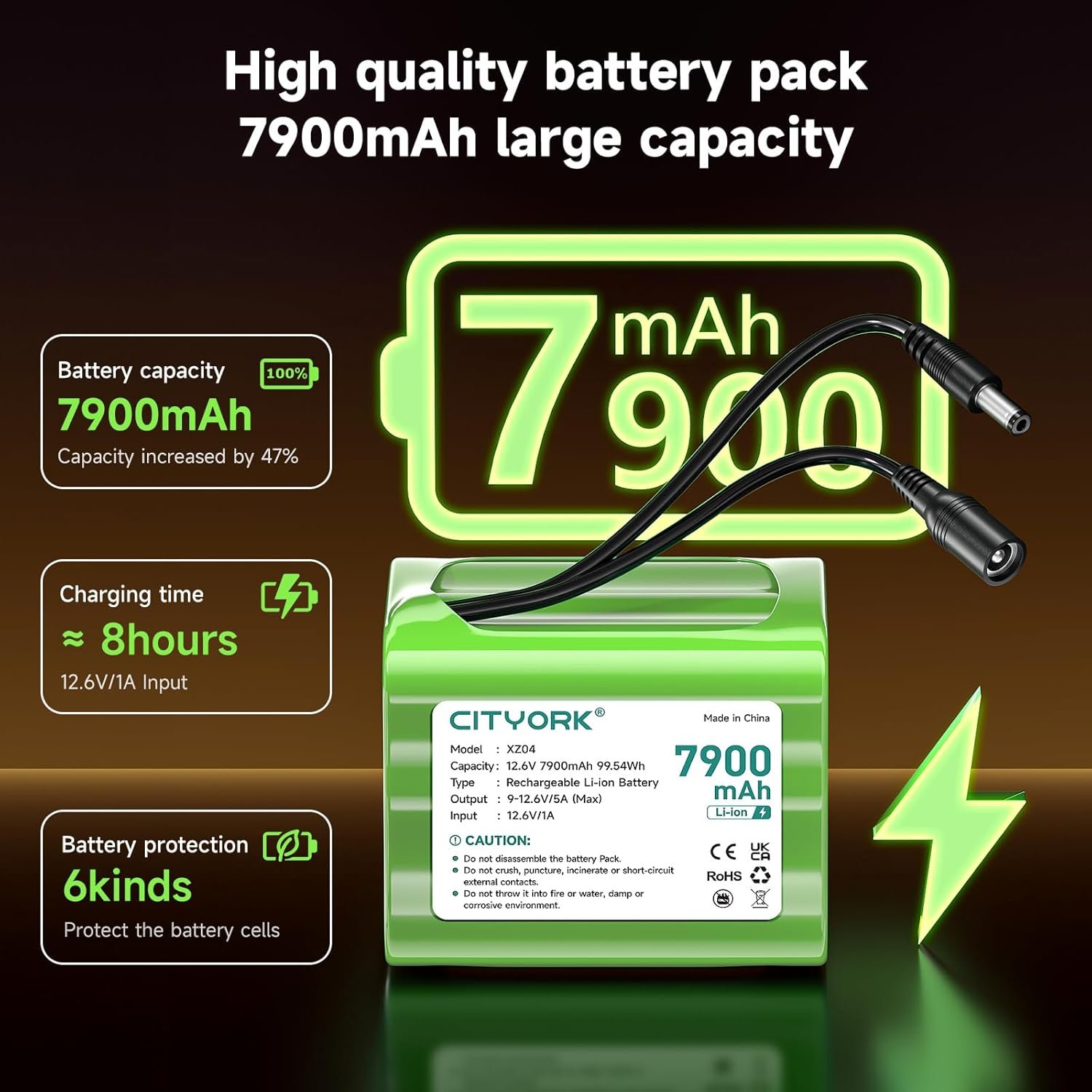 CITYORK 7900mAh 12.6V Rechargeable Lithium Battery Pack for solar charging panel, CCTV cameras, camcorders, MP3 players, LED strip lights - Image 3