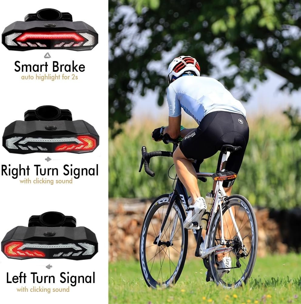 Smart Bike Tail Light with Auto ON/OFF Turn Signals & Brake Light, USB-C Rechargeable, Remote-Controlled Bike Horn Alarm, Rear Bicycle Safety Light