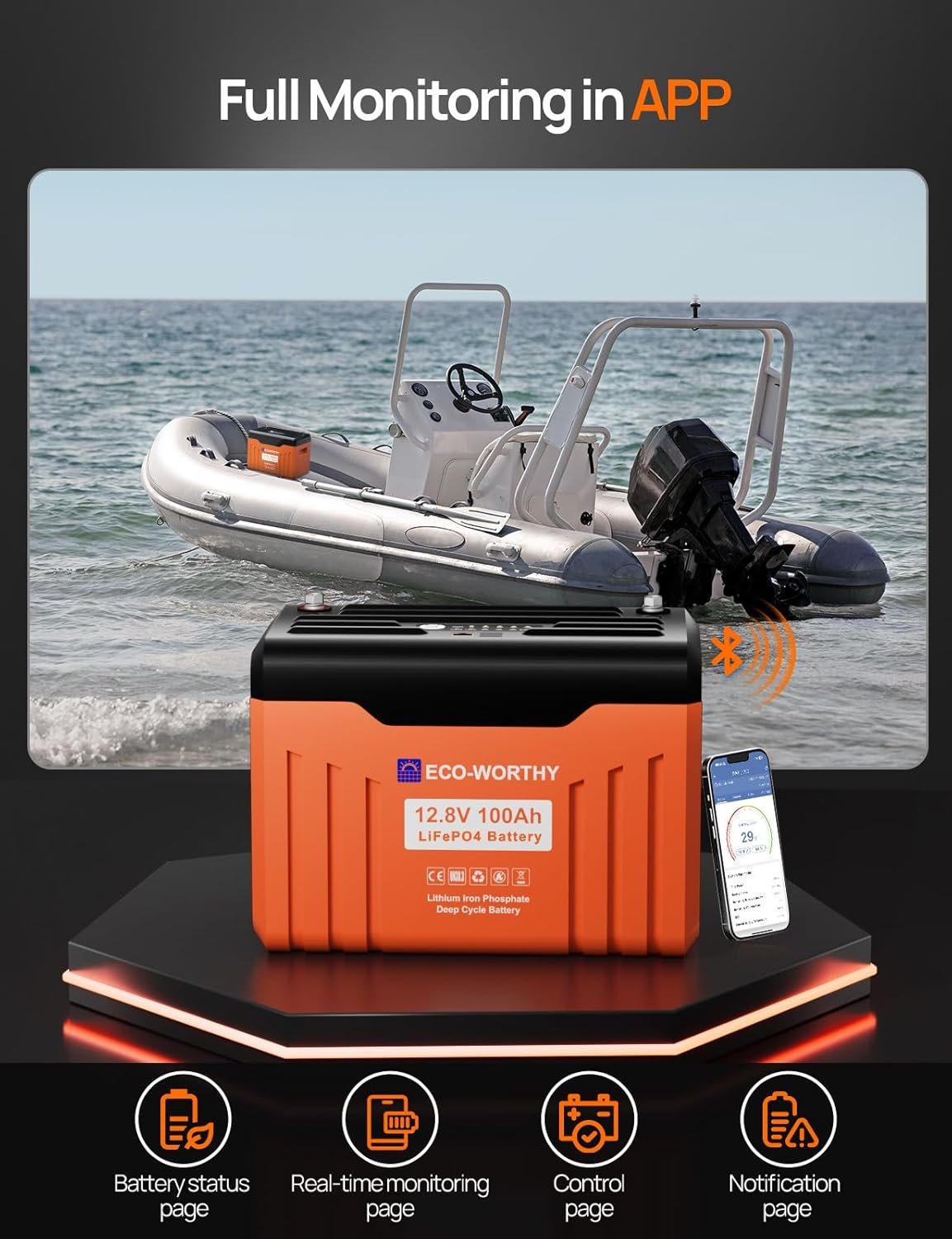 ECO-WORTHY 12V 100AH LiFePO4 Lithium Battery with Battery Status Display,100A BMS with Low-Temp Protection and Bluetooth, for Motorhomes, Camping, Trolling Motor,Campervan,Boat - Image 4