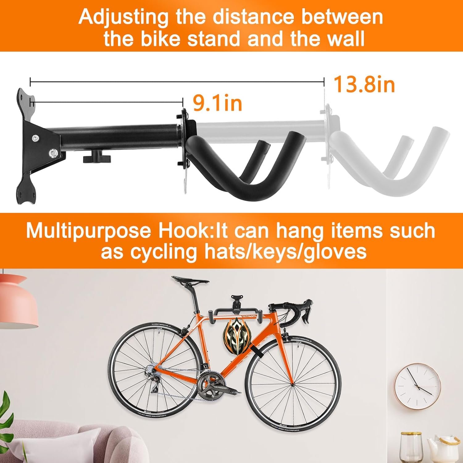 2PCS Bike Wall Mounts Cycling Rack Hanger Space-Saving Bicycle Storage Rack for Indoor Garage Wall Holder Hook for Road Mountain Hybrid Bikes (Black + Silver) - Image 3