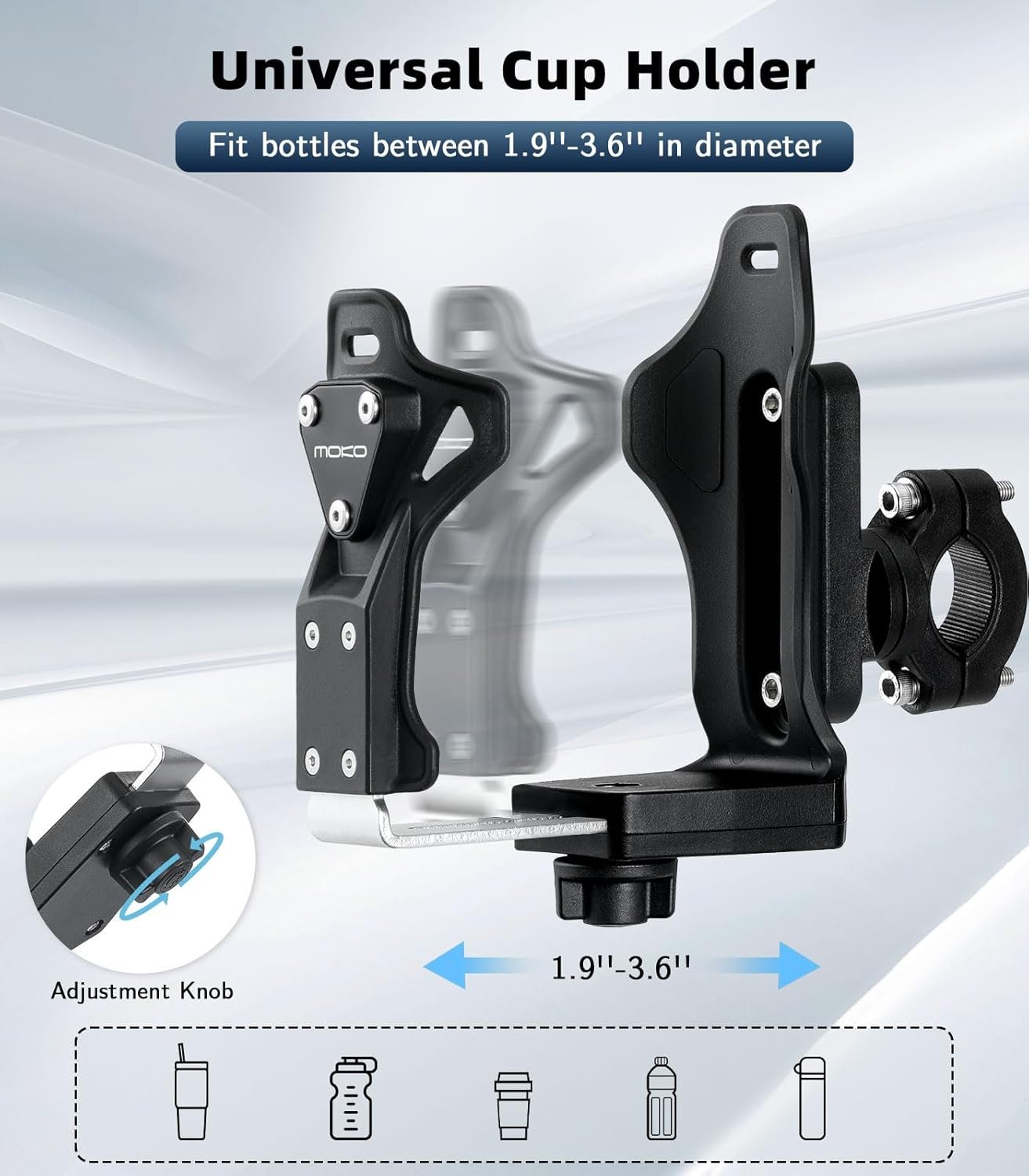 MoKo Bike Water Bottle Holder, Adjustable Bike Bottle Cage for 1.9-3.6" Diameter Bottle, for Handlebar & Frame,Durable Motorcycle Cup Holder with Screw Tool,for Bicycle/Stroller/Scooter/Wheelchair/ATV - Image 2
